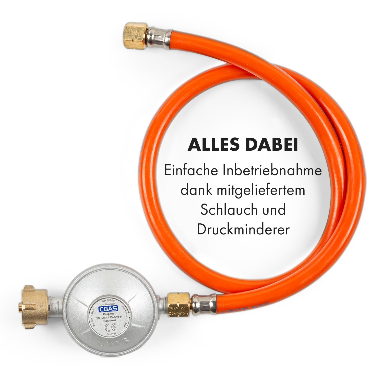 Oranger Gasschlauch und Regler, mit Text 'Alles Dabei' und 'Einfache Inbetriebnahme'. Weißer Hintergrund, Nahaufnahme.