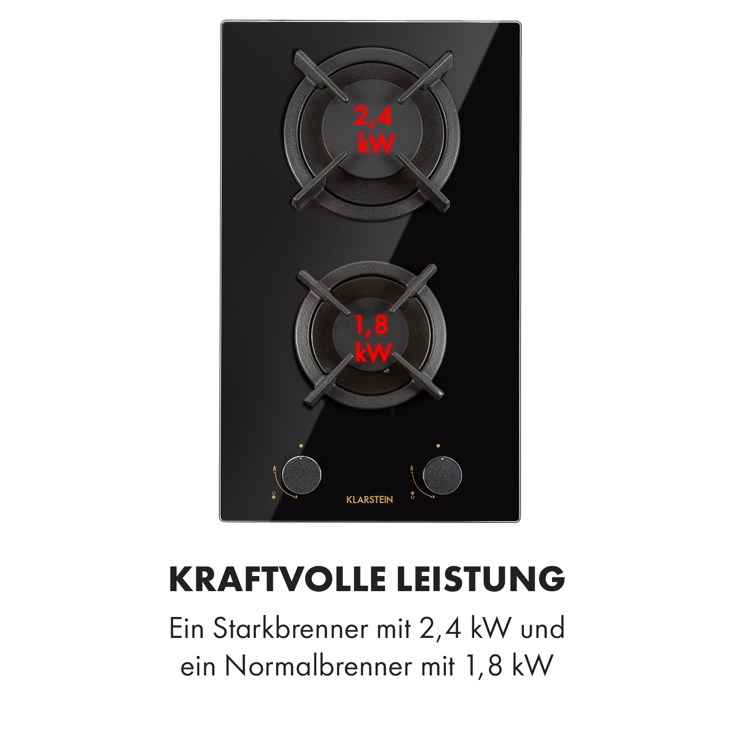 Schwarzes Glaskochfeld mit zwei Kochfeldern. Die Kochfelder sind schwarz mit roten kW-Zahlen darüber.