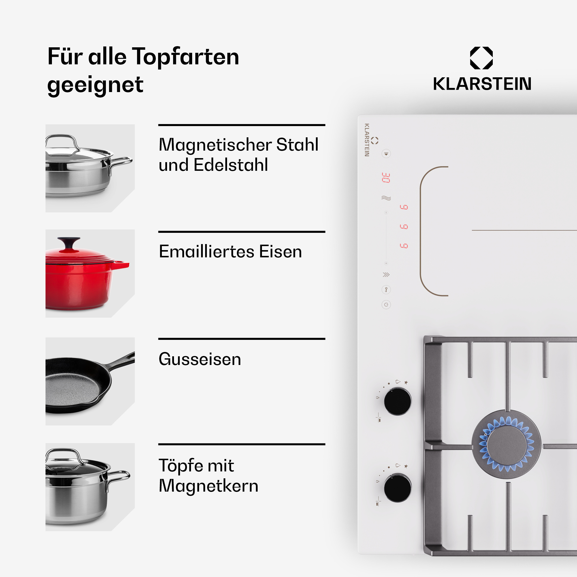Weißes Induktionskochfeld mit Töpfen, Gasherd und Text. Bilder heben Materialien hervor: Stahl, Eisen und Magnet.