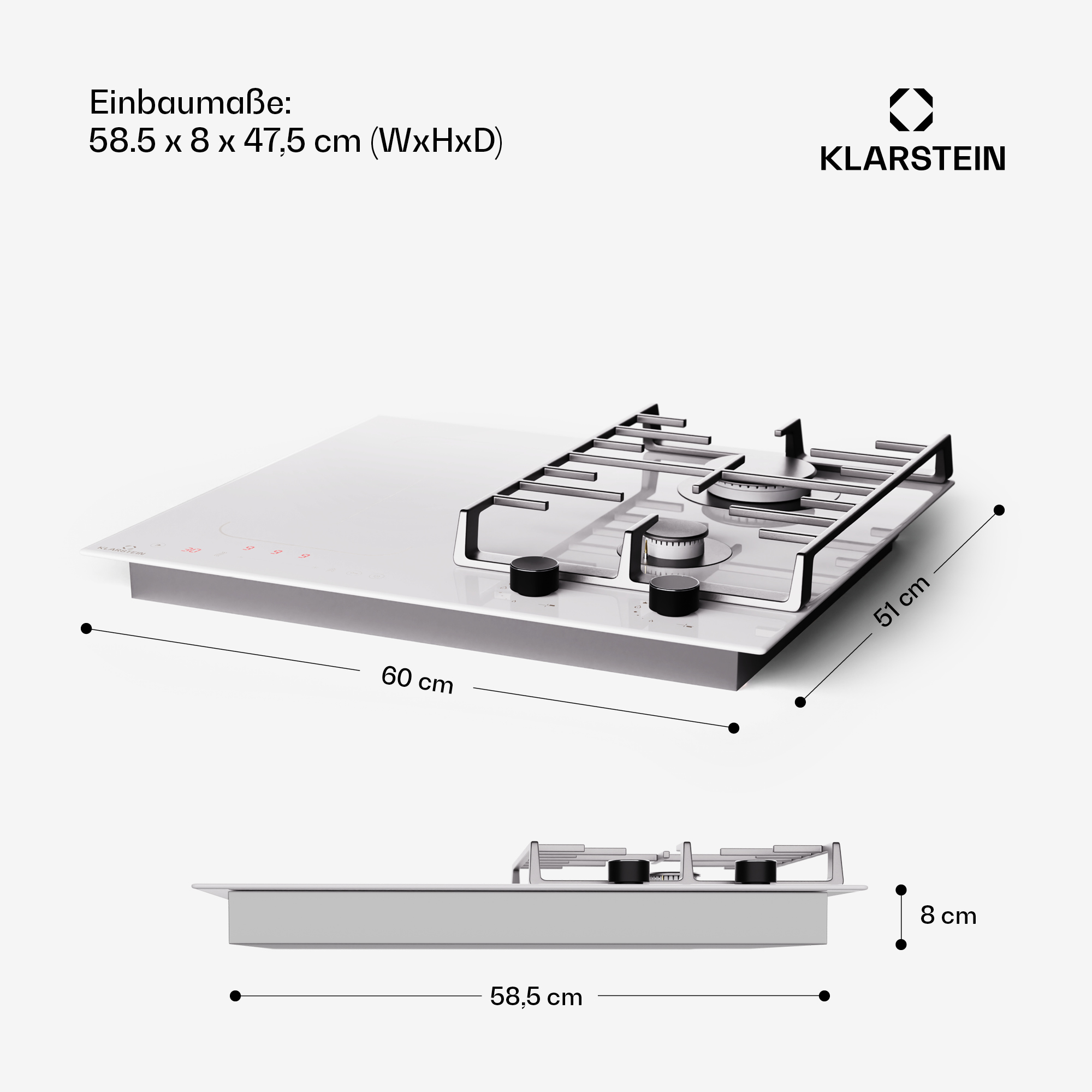 Weißes Kochfeld mit zwei Brennern. Abmessungen angegeben. Klarstein Logo.