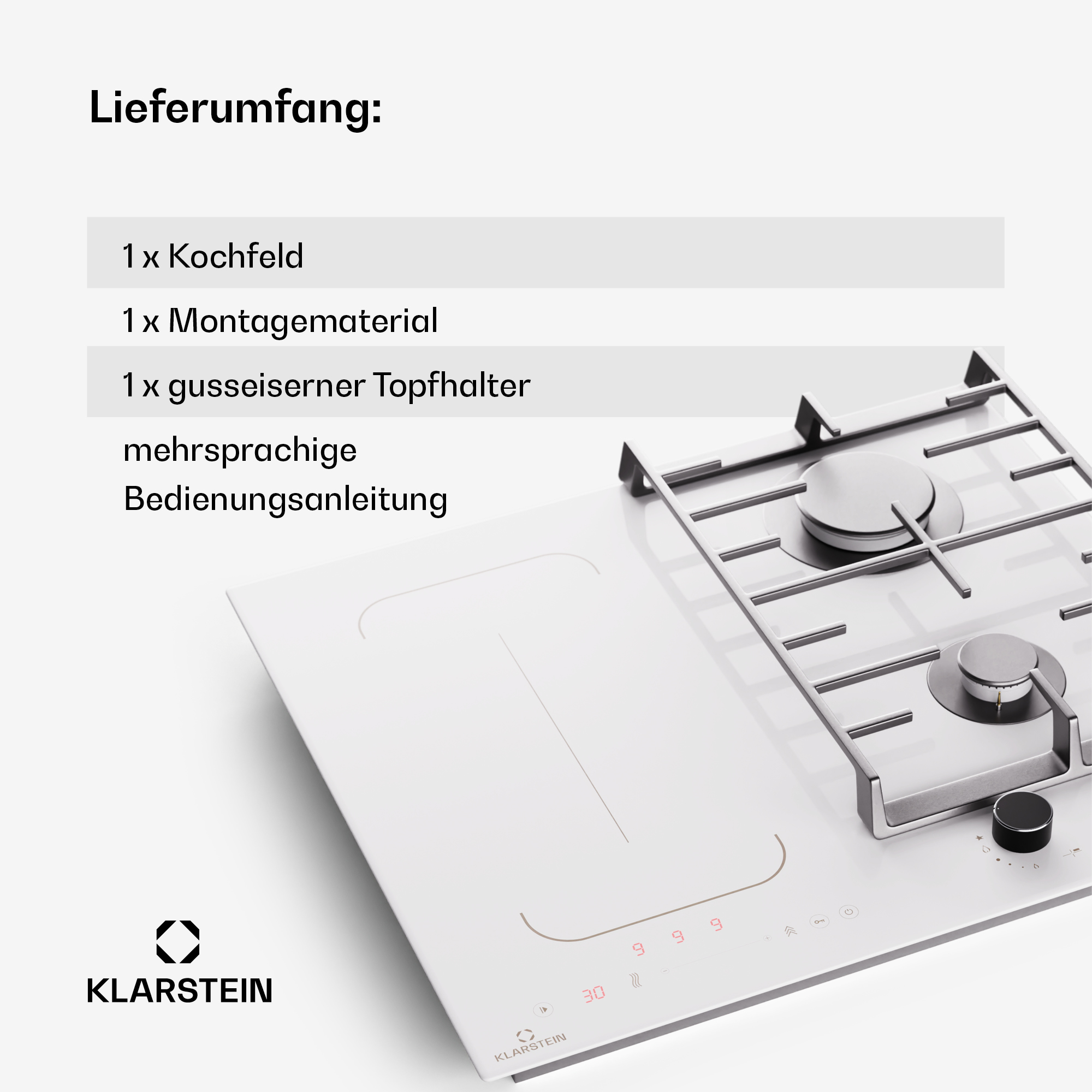 Weißer Herd mit Metallgrill, mit angegebenen Abmessungen und den im Paket enthaltenen Teilen.