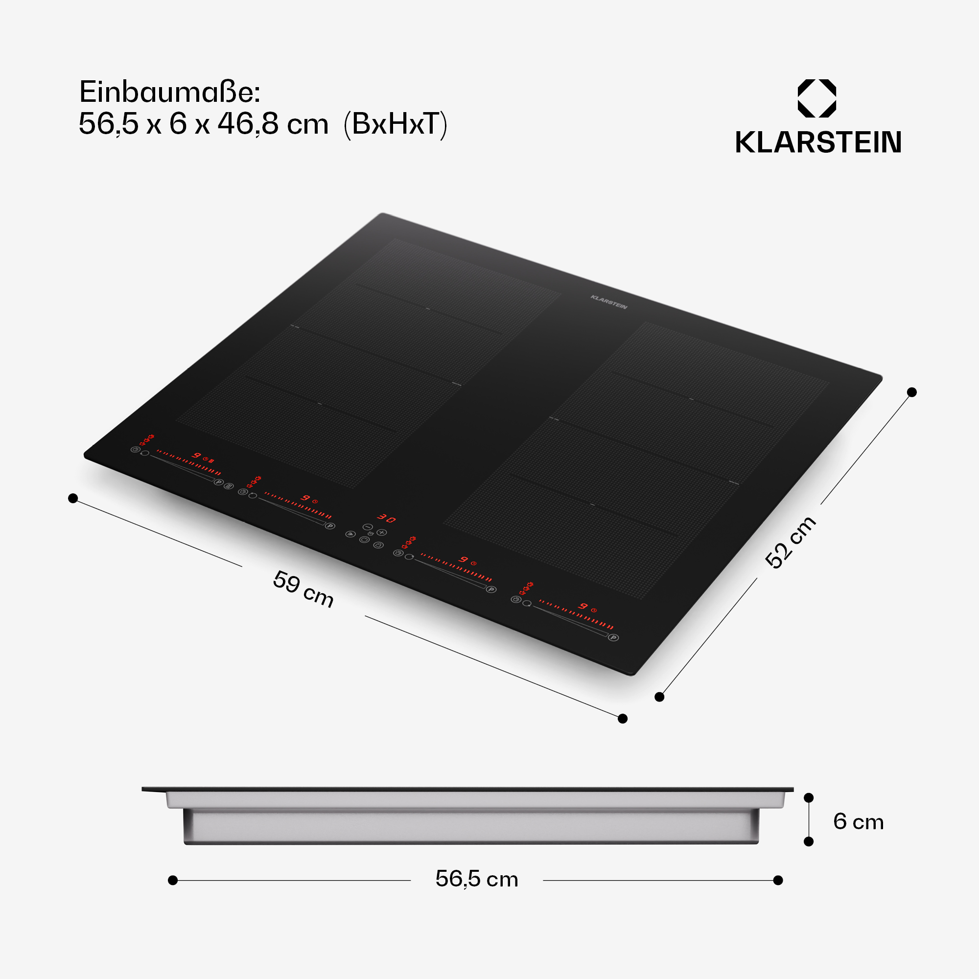 Placa de inducción negra con dimensiones (59cm x 52cm) y vista de perfil inferior.