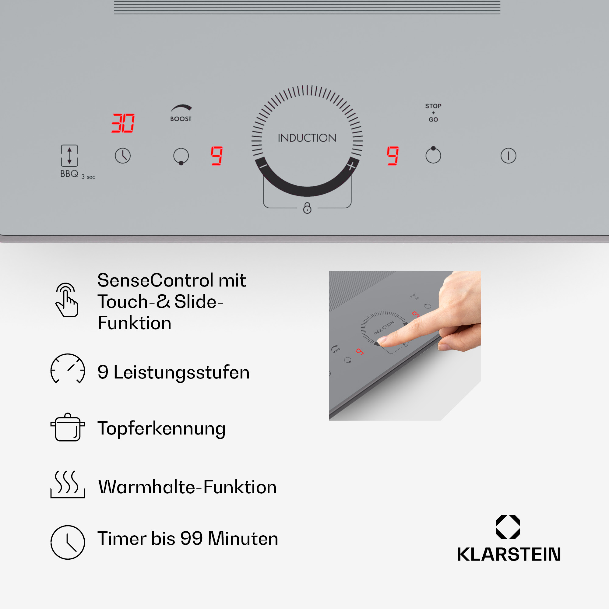 Encimera de inducción con pantalla digital. La imagen muestra el panel de control y un primer plano de los controles.