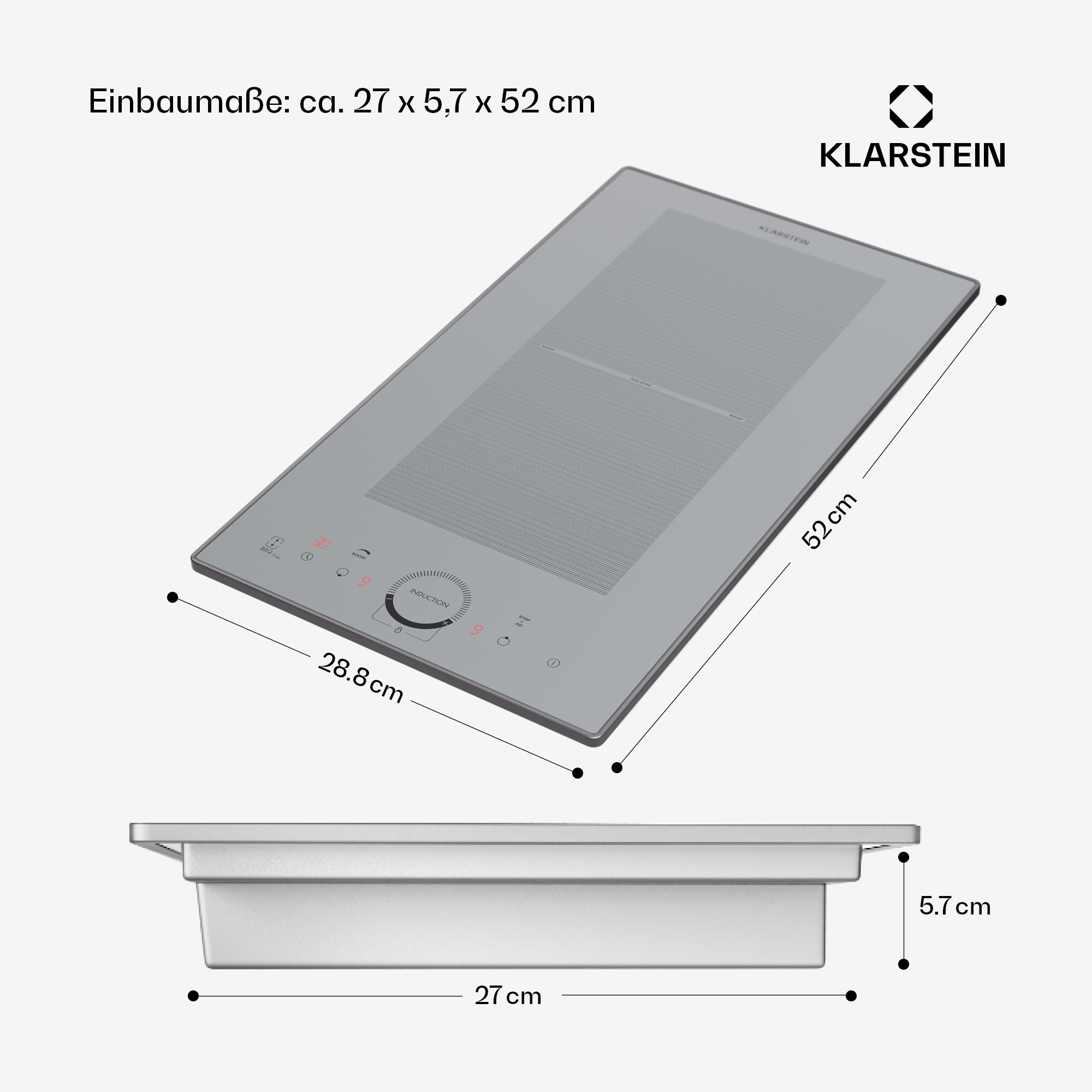 Placa de inducción gris con dimensiones mostradas. Vistas superior y lateral. Texto 'KLARSTEIN' visible arriba.