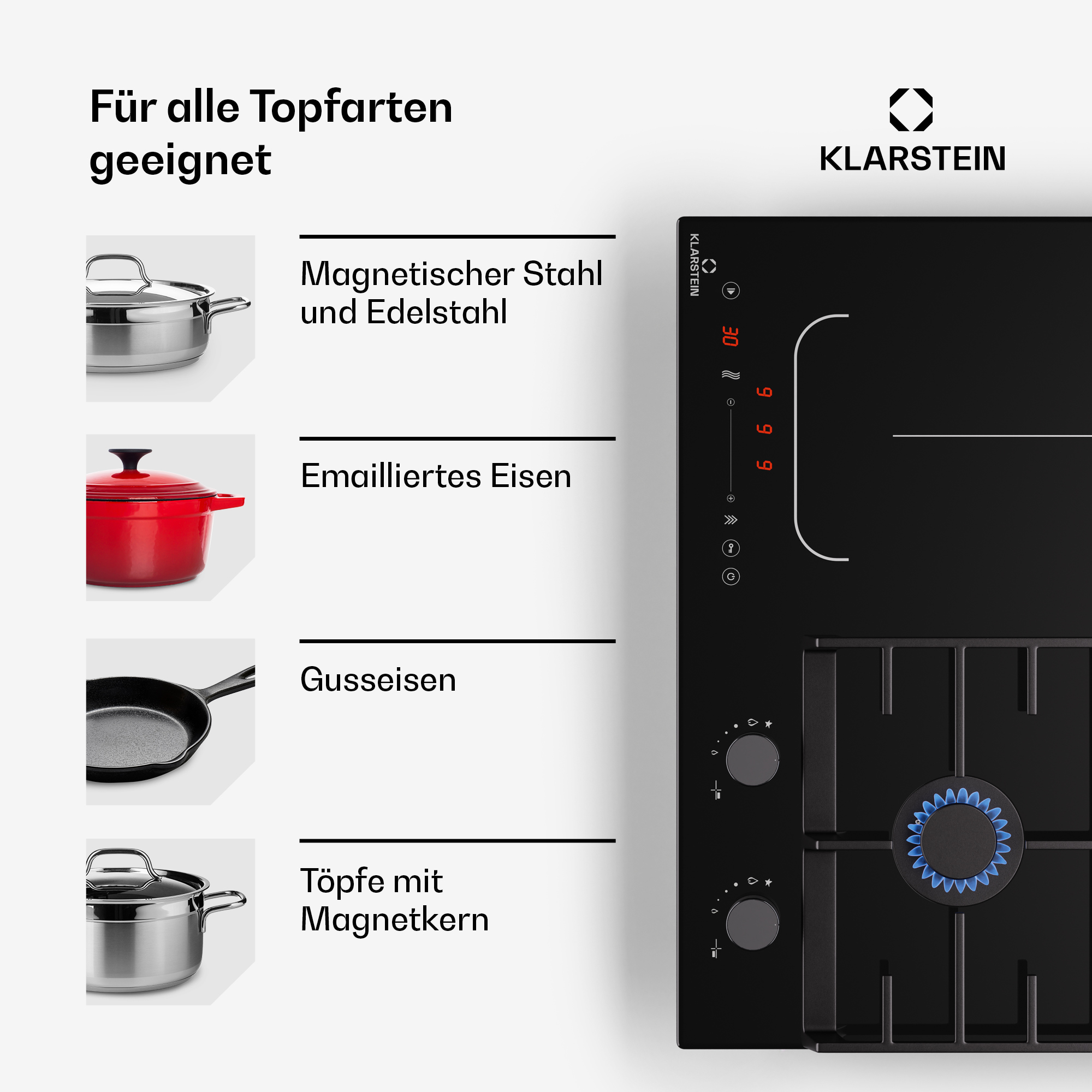 Schwarzes Induktionskochfeld mit Töpfen und Pfannen. Bedienelemente und Gasbrenner sind gezeigt.