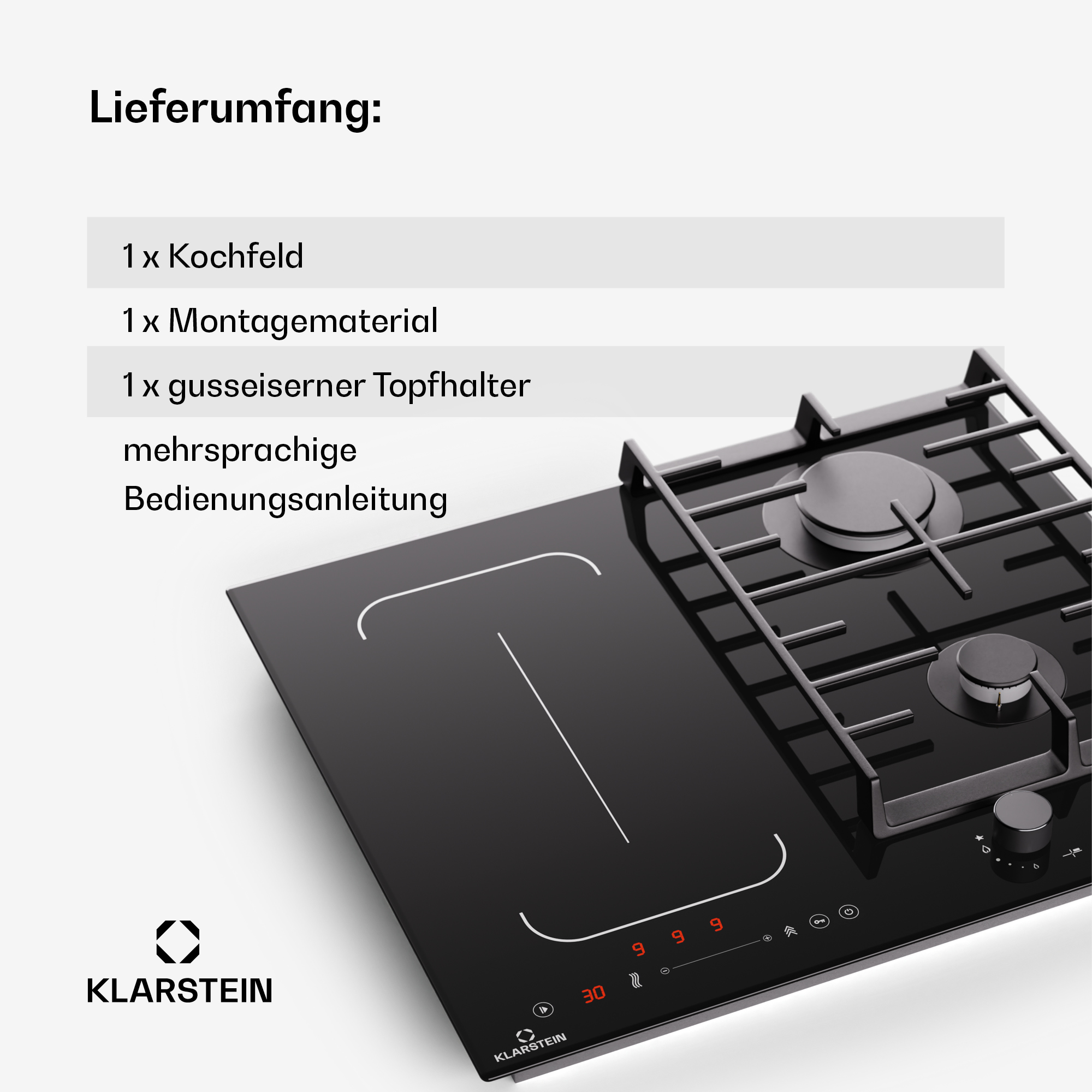 Ein schwarzes Glaskochfeld mit Gasbrenner, Bedienfeldern und einer Liste der enthaltenen Artikel.