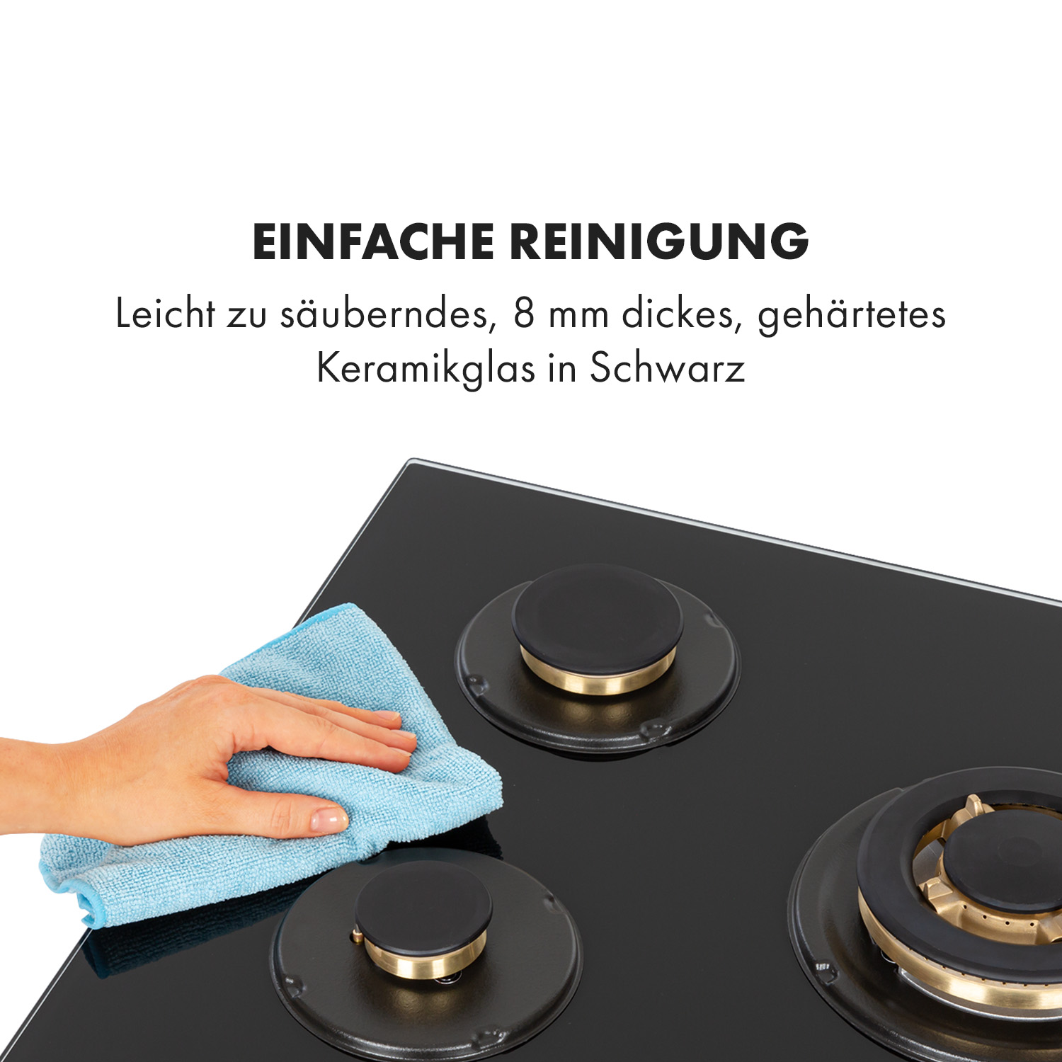 Schwarzes Kochfeld mit 3 Brennern, ein blaues Tuch reinigt es. Text: Einfache Reinigung, Keramikglas.