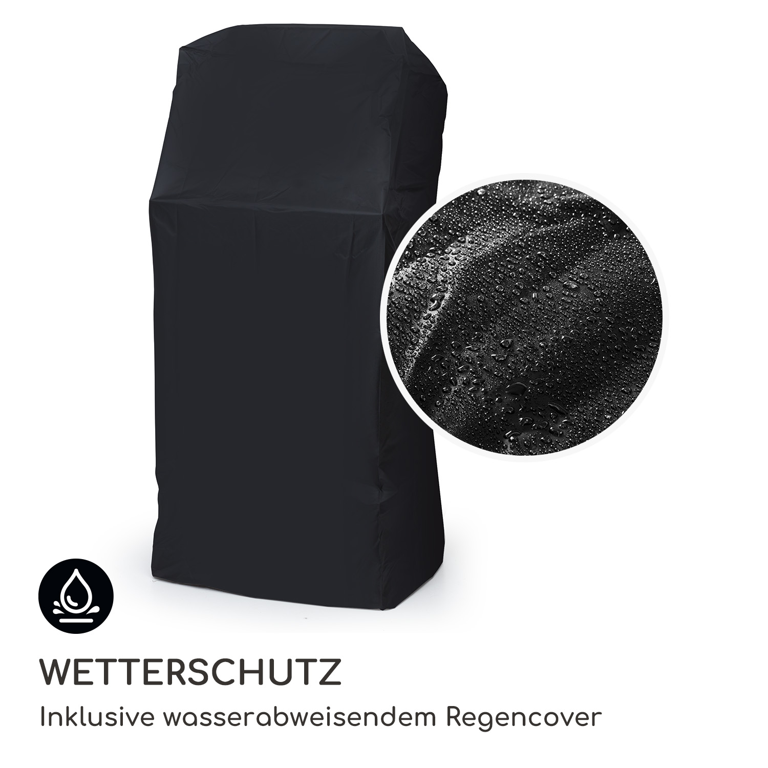 Eine schwarze Grillabdeckung mit Nahaufnahme, die Wassertropfen zeigt. Text: 'WETTERSCHUTZ' und 'Regencover'.