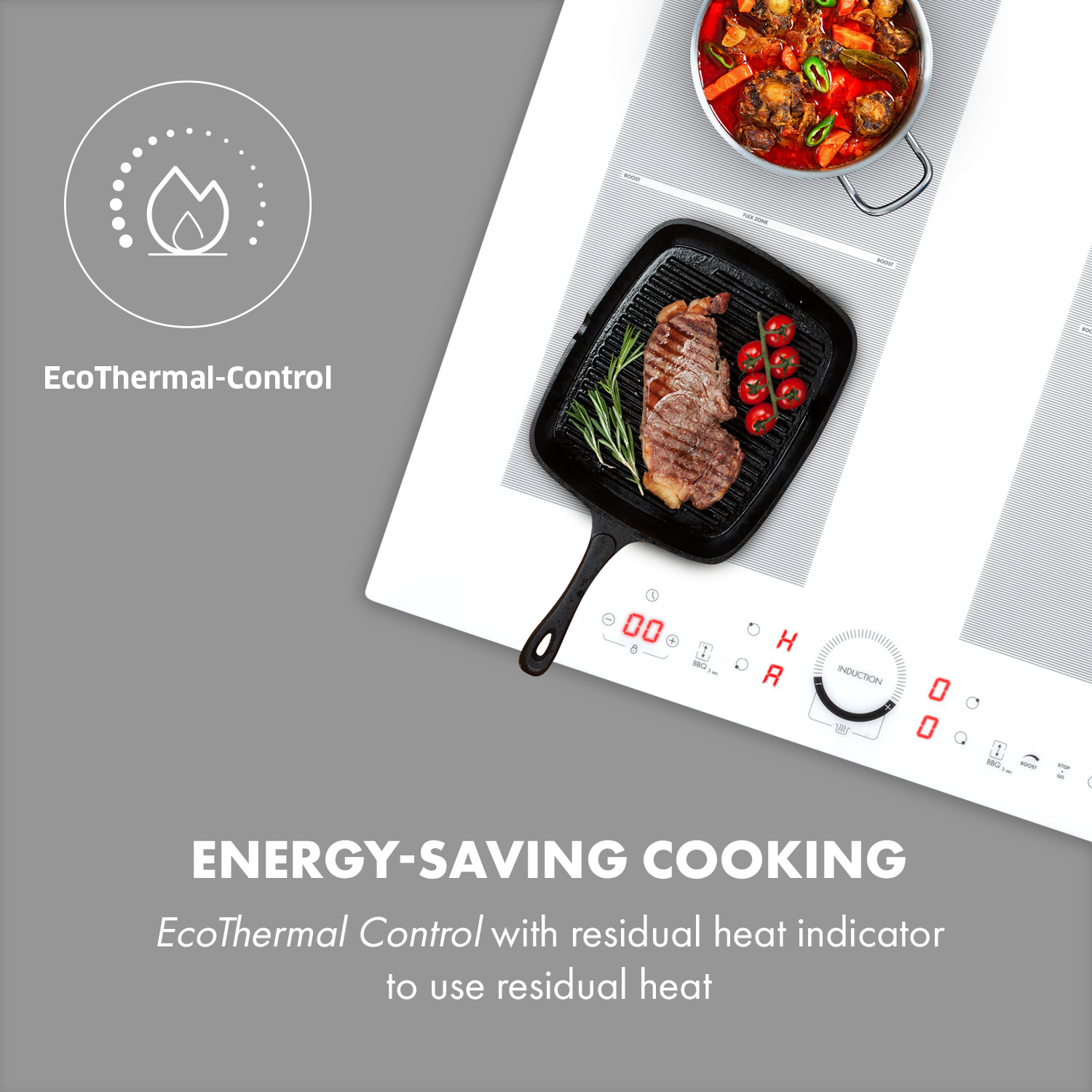 Estufa moderna con un bistec y una olla. Texto sobre cocina de ahorro de energía.