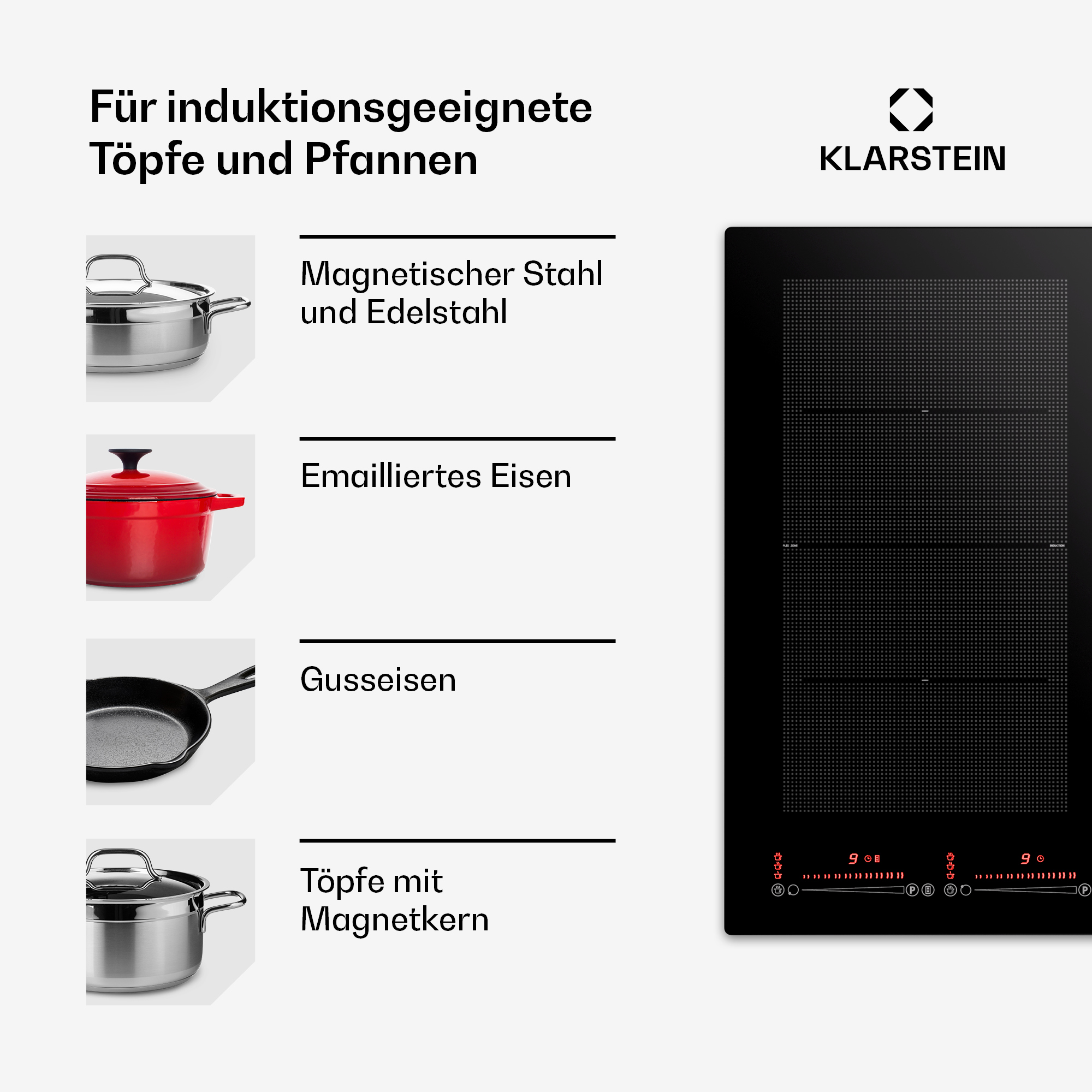 Induktionskochfeld mit Pfannen. Text: Für induktionsgeeignete Töpfe und Pfannen.