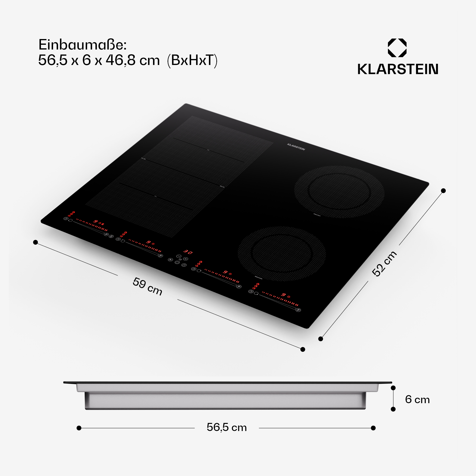 Schwarzes Induktionskochfeld mit roten Anzeigen. Seitenansicht zeigt Abmessungen: 56,5 x 6 x 46,8 cm.