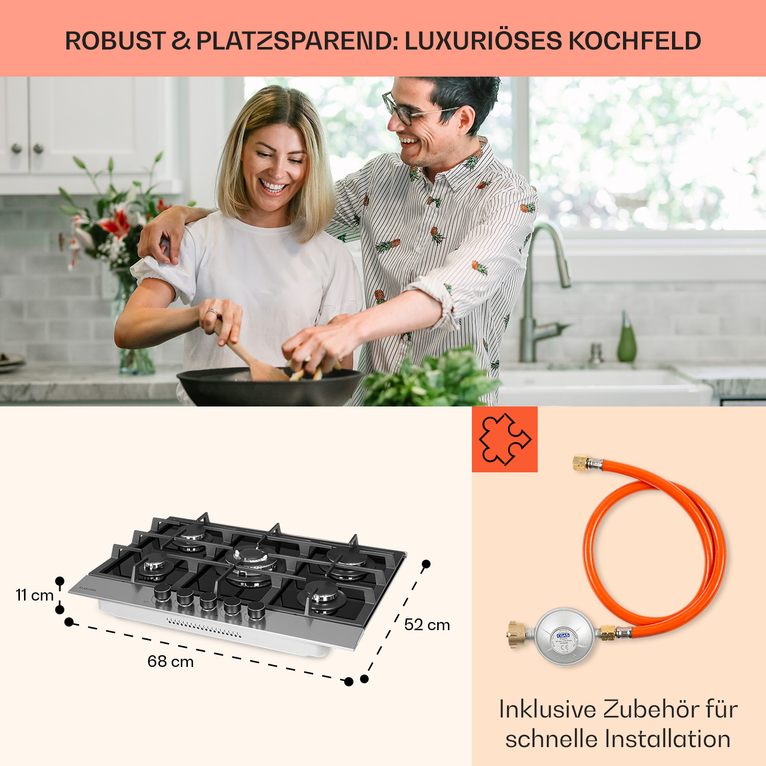 Ein Paar kocht in einer Küche. Gasherd und Gasanschluss im Vordergrund. Der Herd ist silber und schwarz.