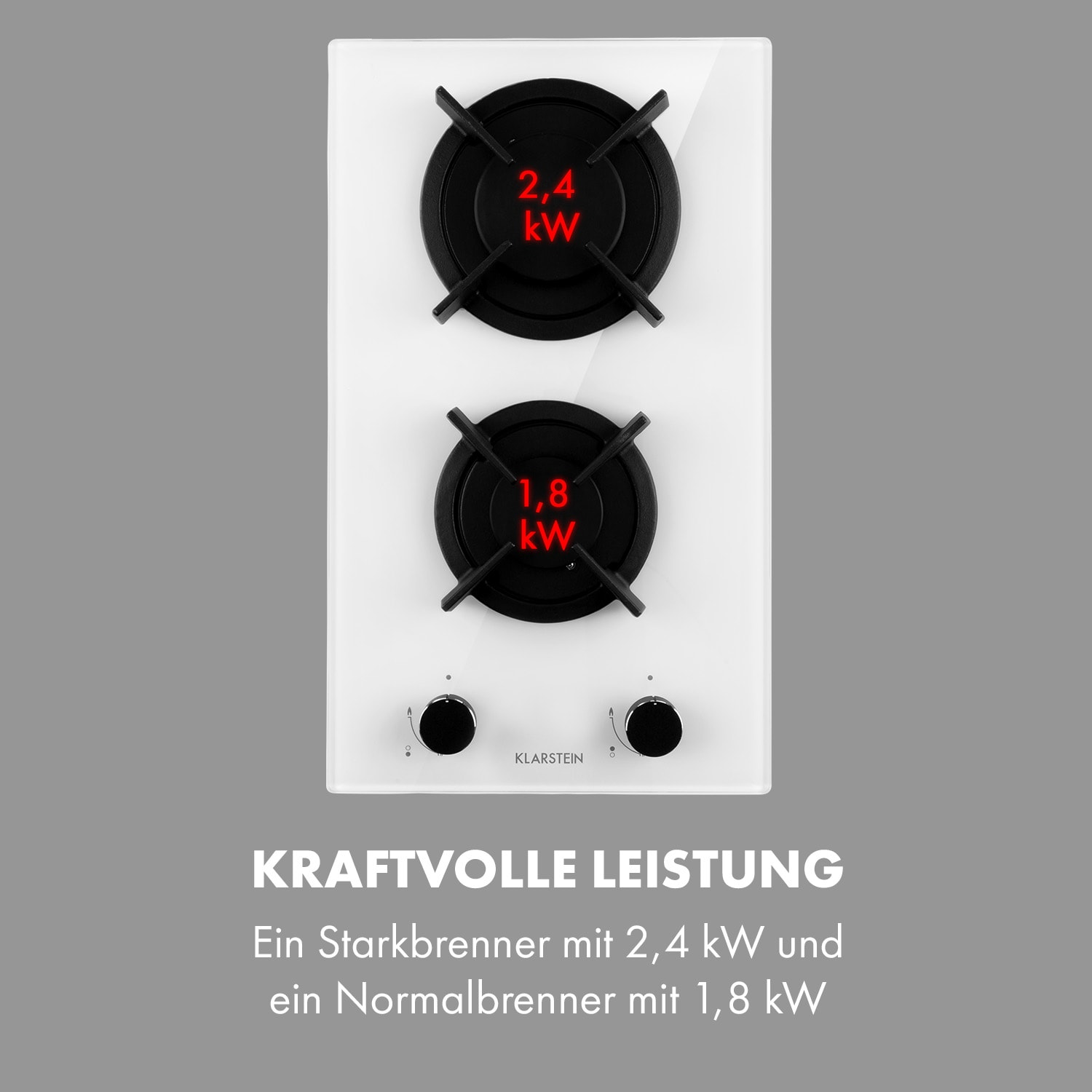 Weißes Kochfeld mit zwei schwarzen Brennern, beschriftet mit 2,4 kW und 1,8 kW, mit Bedienknöpfen.