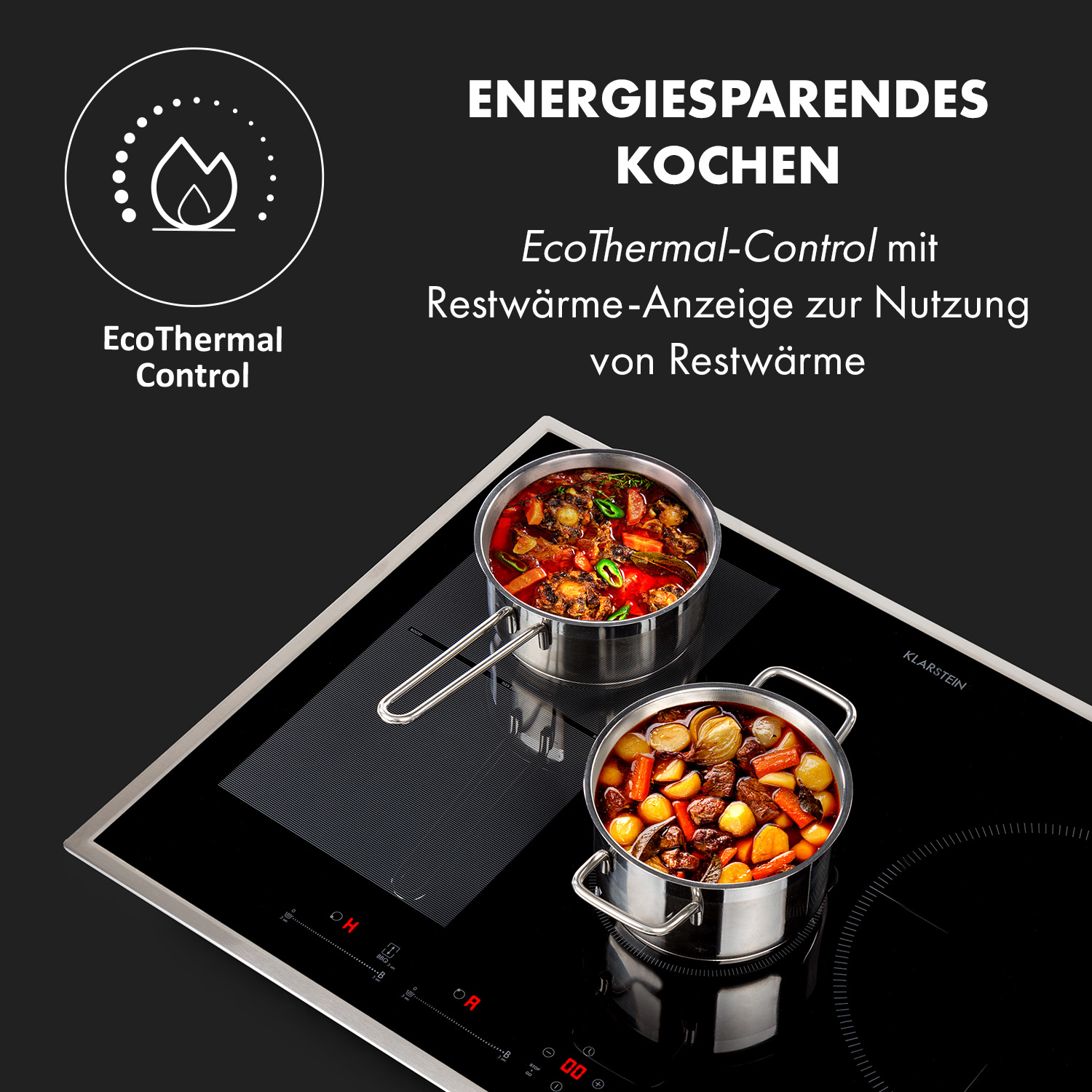 Zwei Töpfe kochen auf einem schwarzen Induktionskochfeld, mit einem Etikett zum Energiesparen.