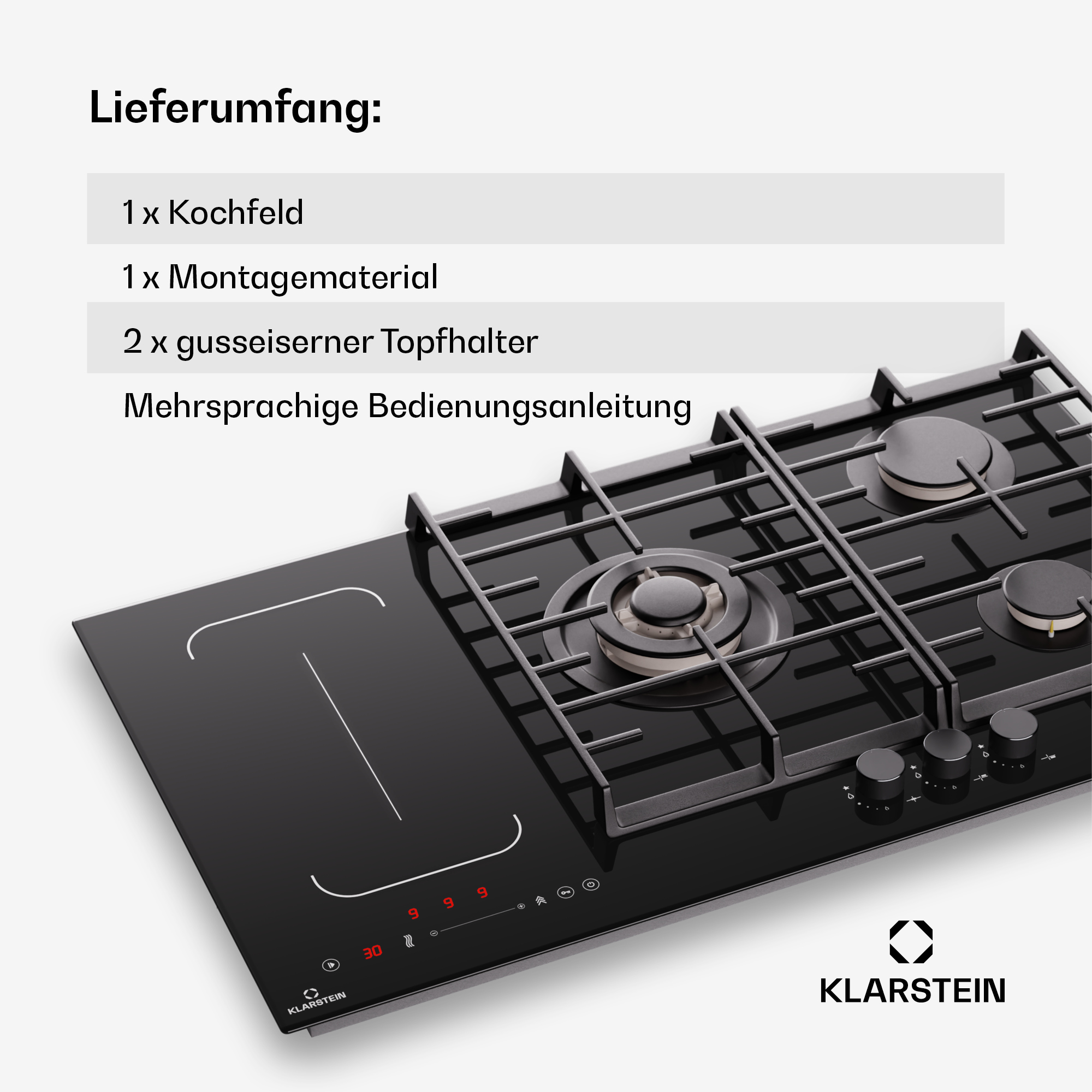 Schwarzes Kochfeld mit Induktionszone und Brenner. Text oben. Weißer Hintergrund.