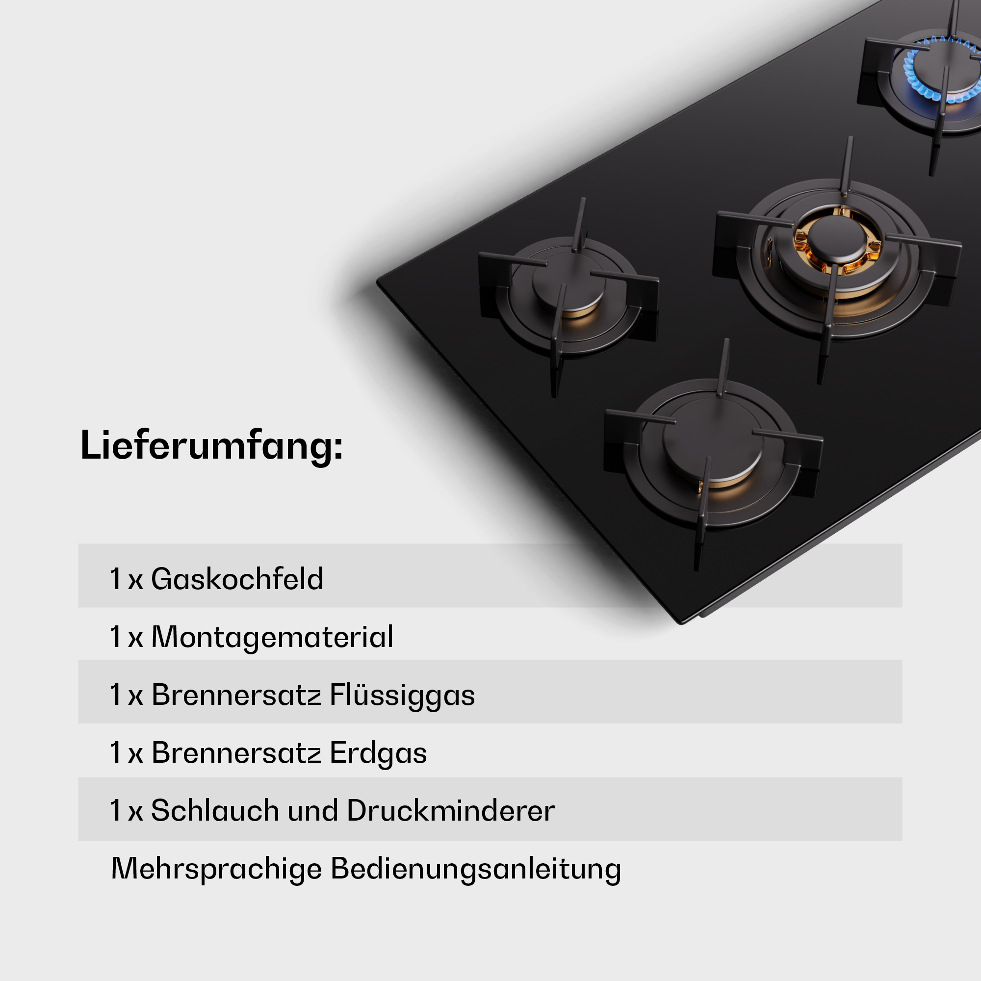 Ein schwarzes Kochfeld mit vier Brennern, mit einer Artikelliste auf der linken Seite. Der Hintergrund ist weiß.