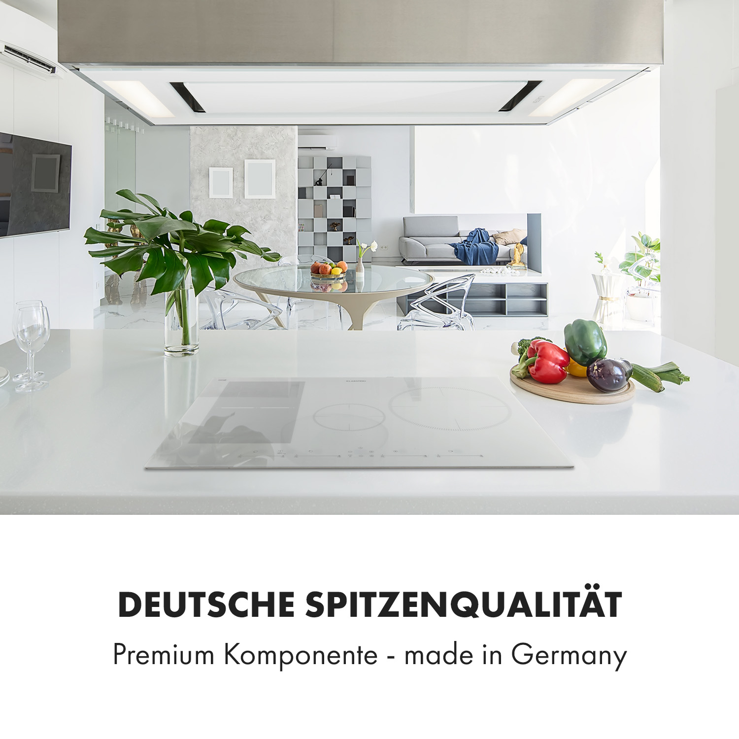 Cocina moderna con encimera blanca, estufa, verduras y el texto: Deutsche Spitzenqualität.