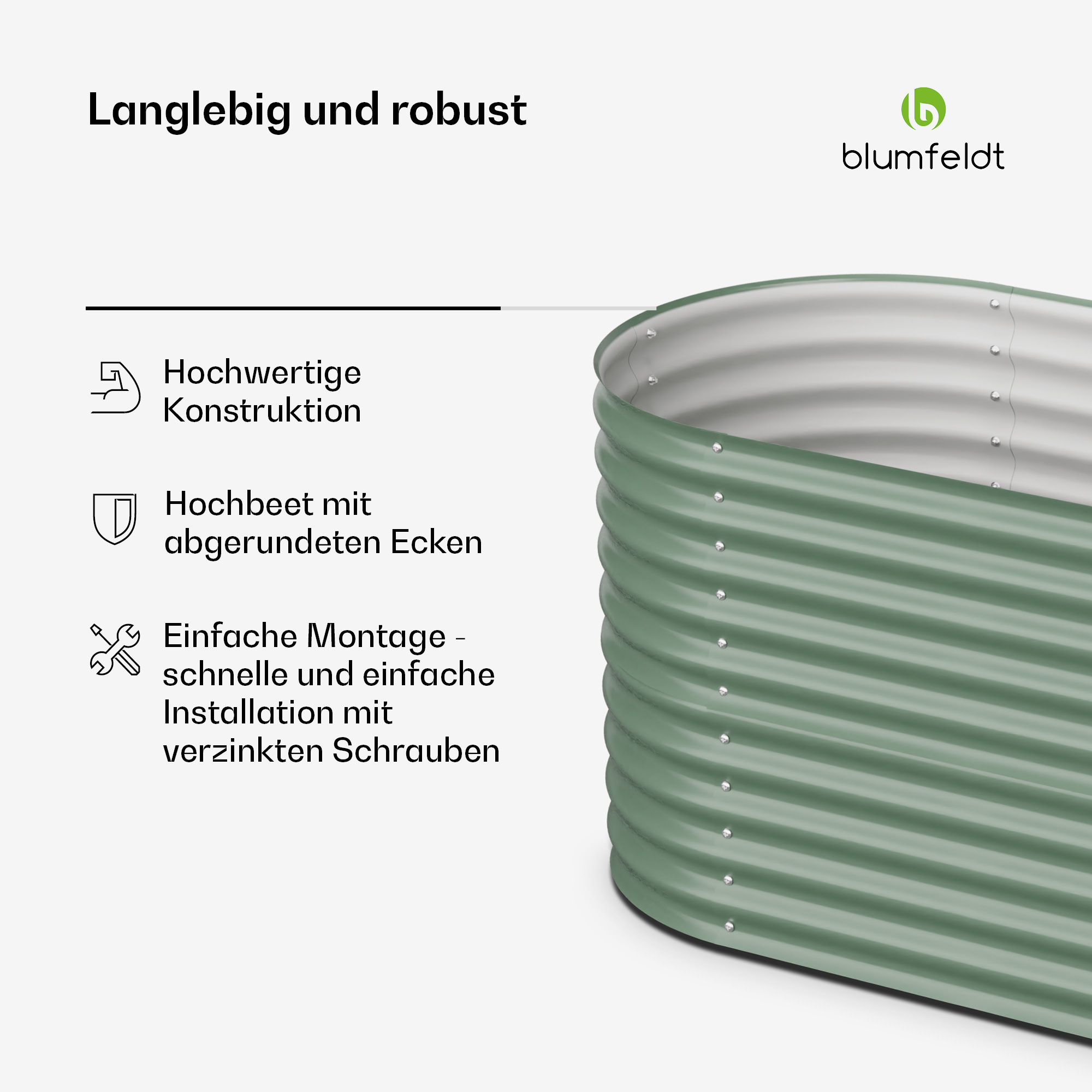 Ein Hochbeet mit Text über seine Eigenschaften. Es ist grün und hat ein robustes Design.