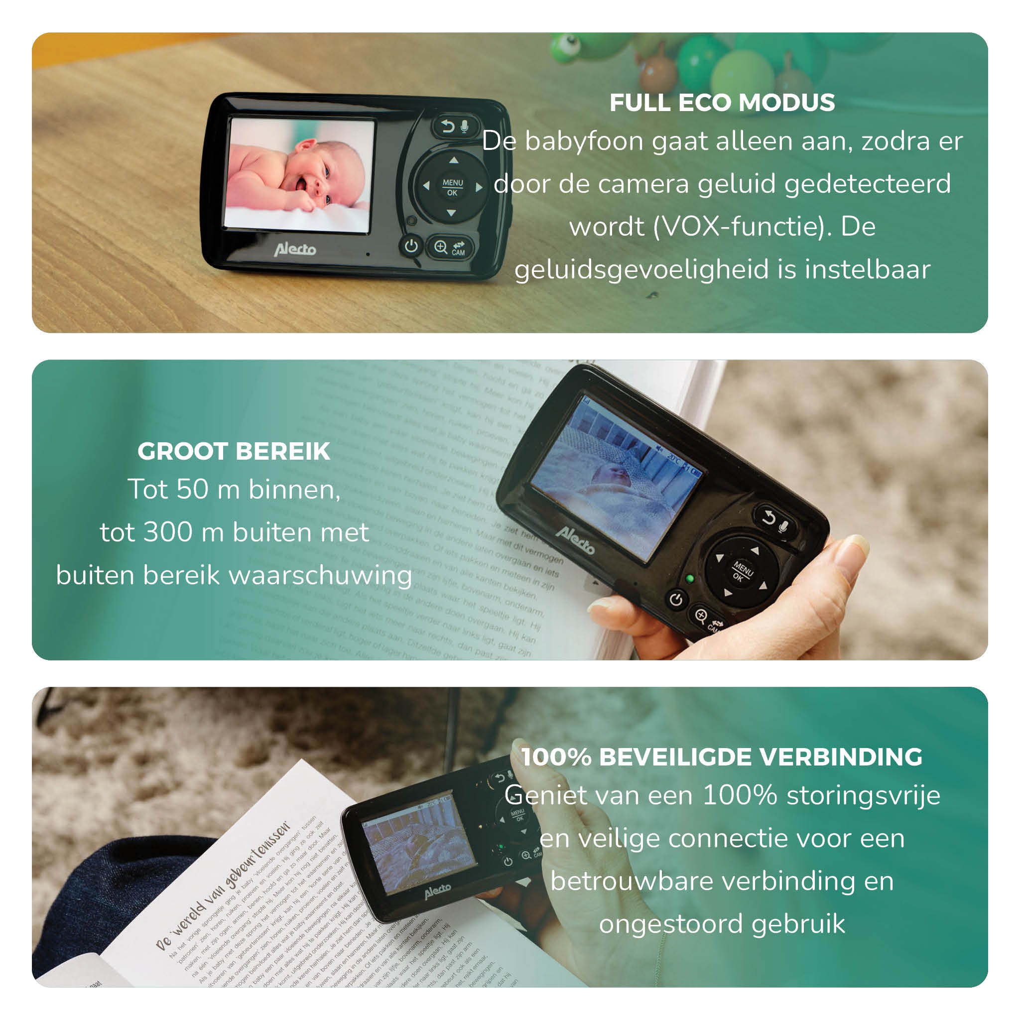 Baby monitor with baby on screen, text descriptions, and illustrations. White background.