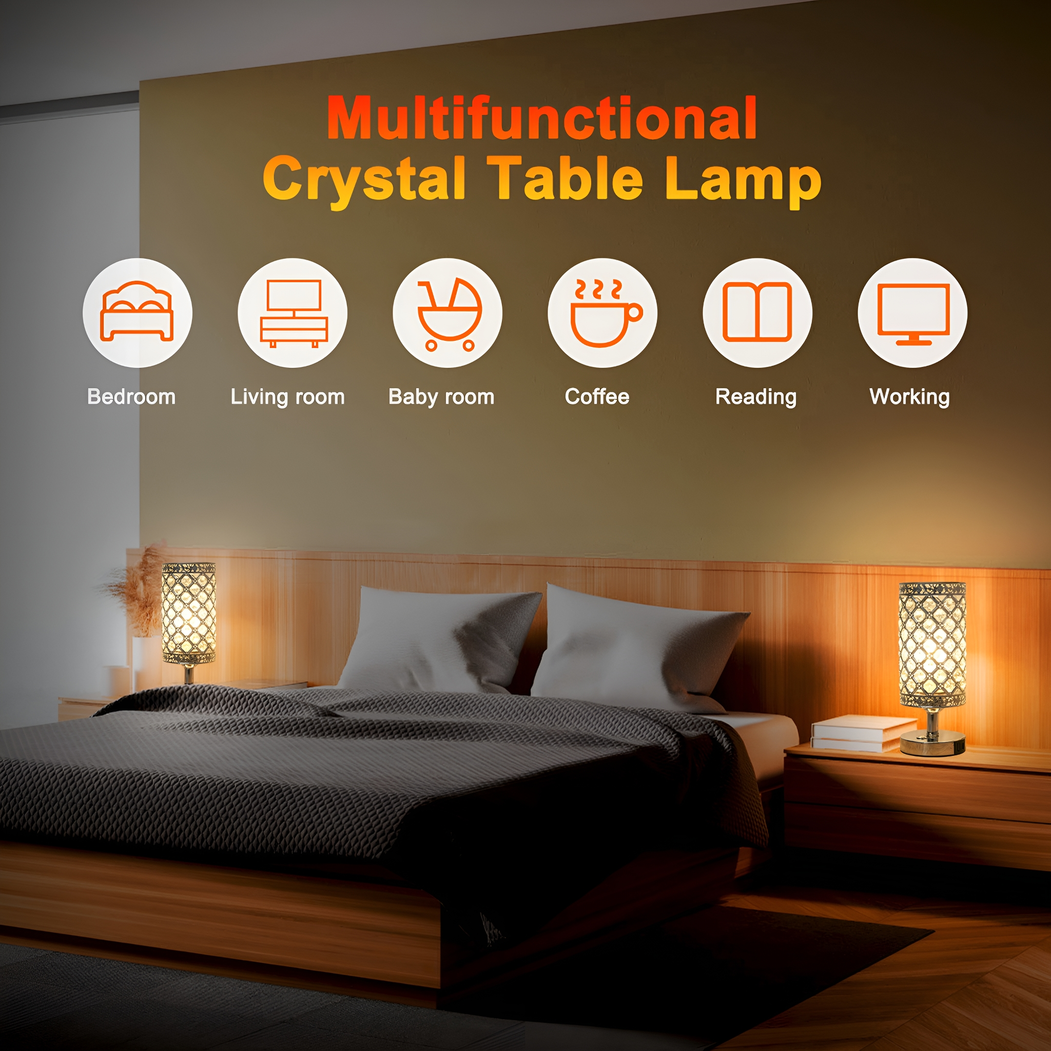 Nachttischlampen mit Schlafzimmer-Szene. Lampen haben ein Kristall-Design.