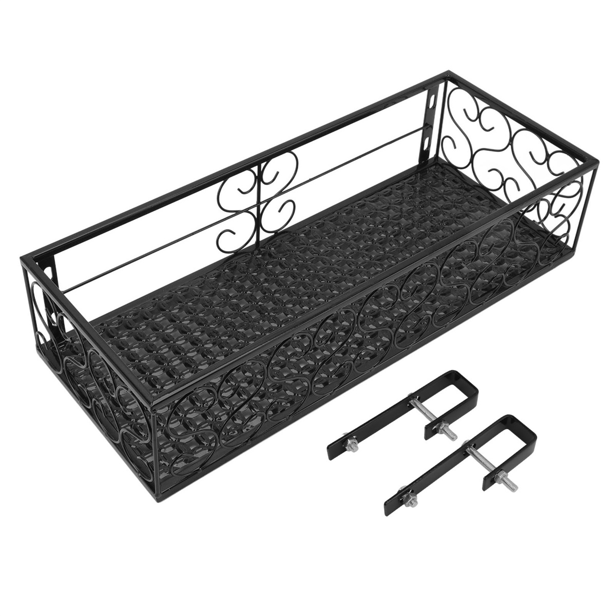 Schwarzer rechteckiger Metallkorb mit verziertem Design, mit zwei Halterungen zur Befestigung.