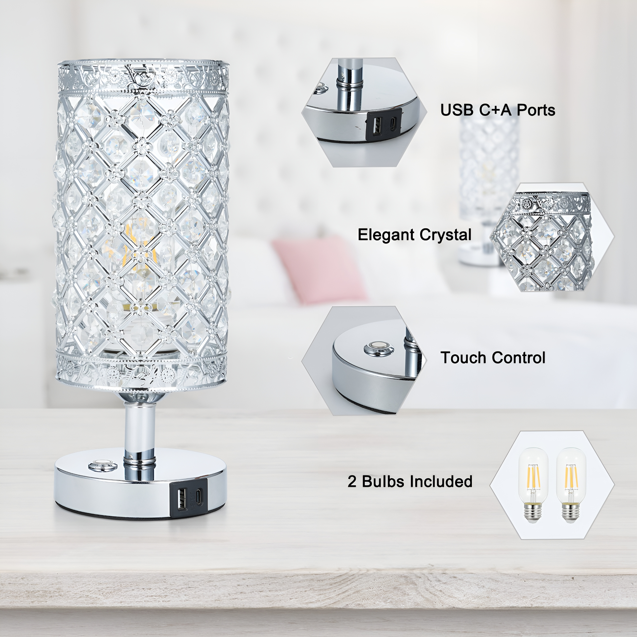 Eine Kristall-Tischlampe mit zwei USB-Anschlüssen. Sie hat eine Touch-Steuerung und enthält zwei Glühbirnen.