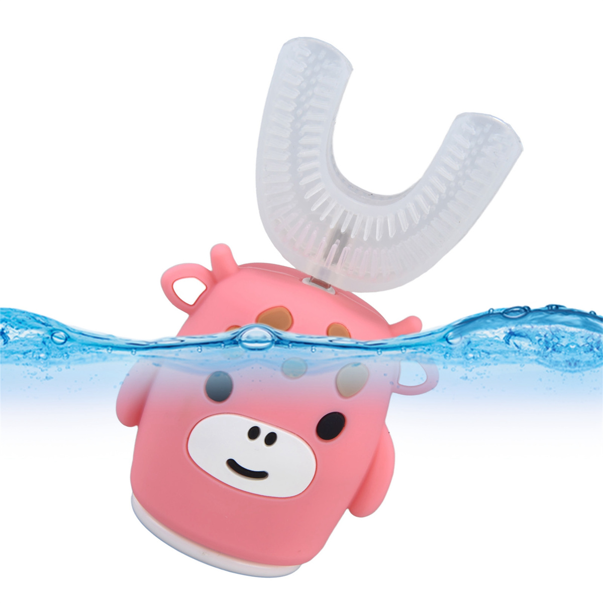 Rosa U-förmige Zahnbürste in Wasser getaucht, mit Kuhgesicht und klarem Bürstenkopf.