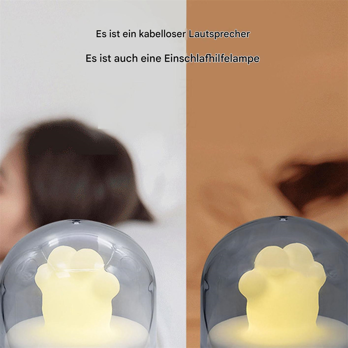 Zwei Lampen mit Katzenpfoten-Design. Die Lampen befinden sich vor einer Frau im Bett.