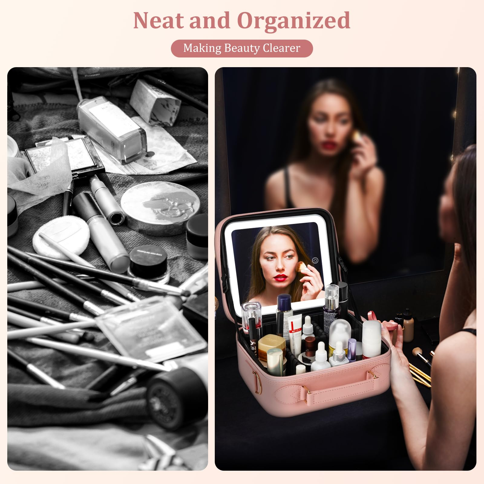 Make-up-Szene: unordentliches Make-up links, ein rosa Make-up-Etui mit Spiegel und eine Frau, die es benutzt.