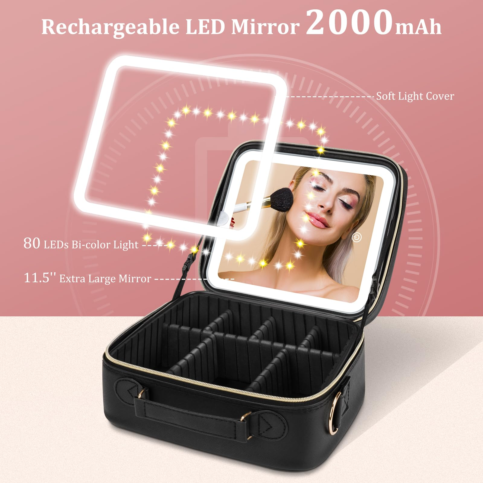 Schwarzer Schminkkoffer mit Spiegel, LED-Lichtern und Make-up. Frau schminkt sich im Spiegel.
