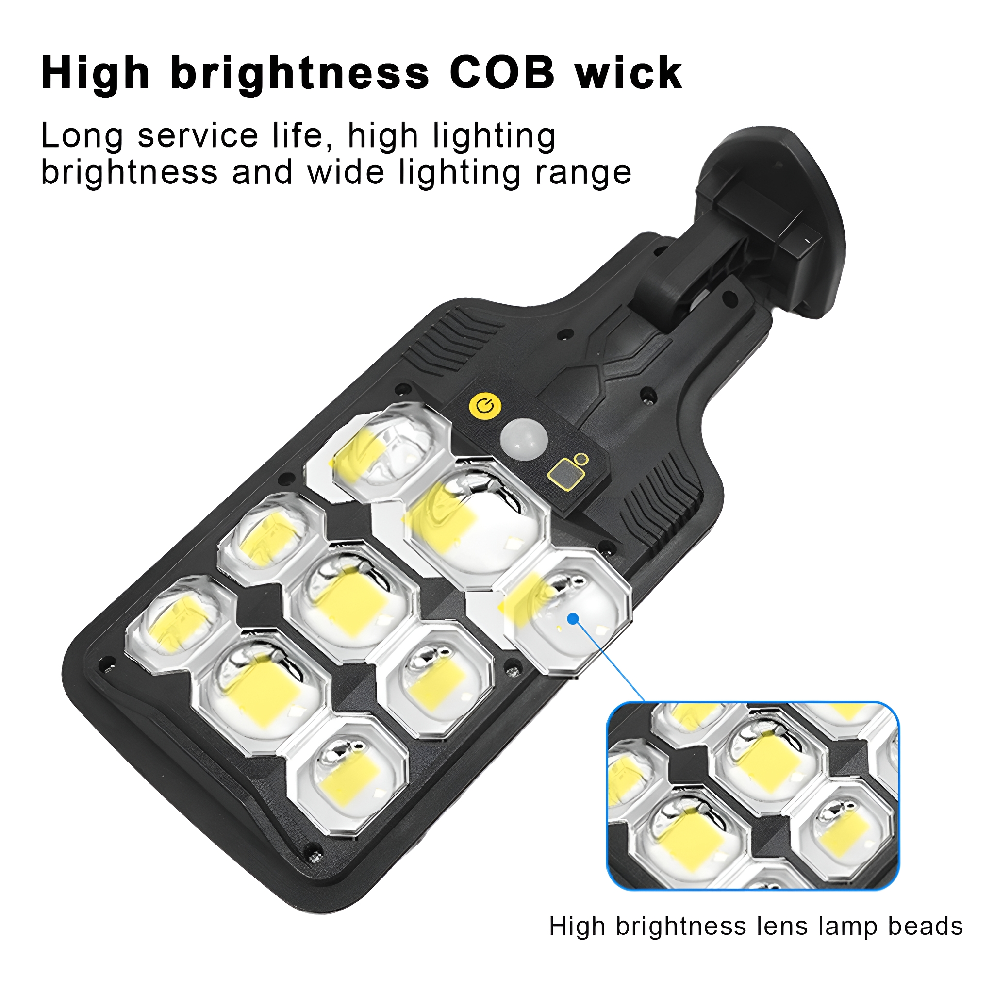 Rechteckiges schwarzes LED-Licht mit mehreren Lichtern und vergrößerter Ansicht.