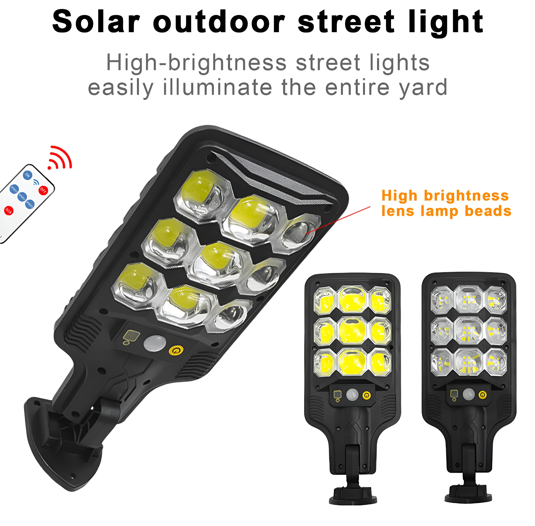Eine Solar-Straßenlaterne mit drei Lichtern und einer Fernbedienung. Die Lichter sind schwarz.