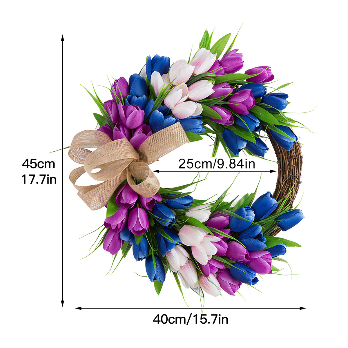 Ein Frühlingskranz mit blauen, lila und weißen Tulpen und einem braunen Band, mit Größenangaben.
