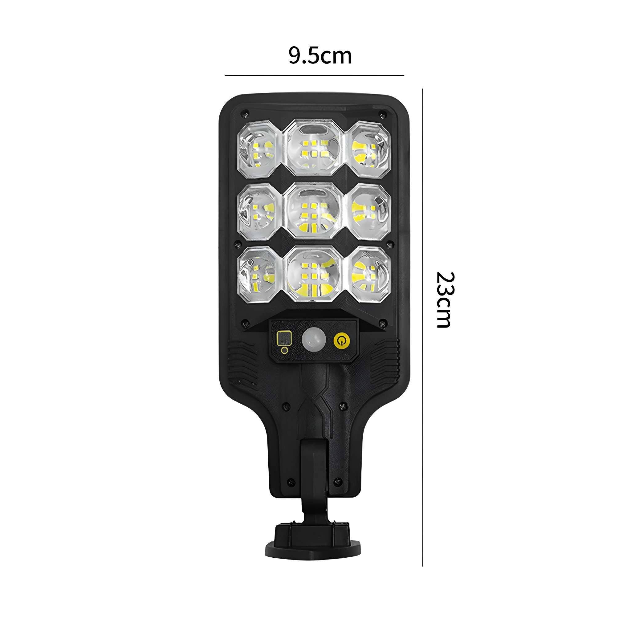 Ein schwarzes Solarlicht mit neun LED-Leuchten und einer Dimensionsbeschreibung.