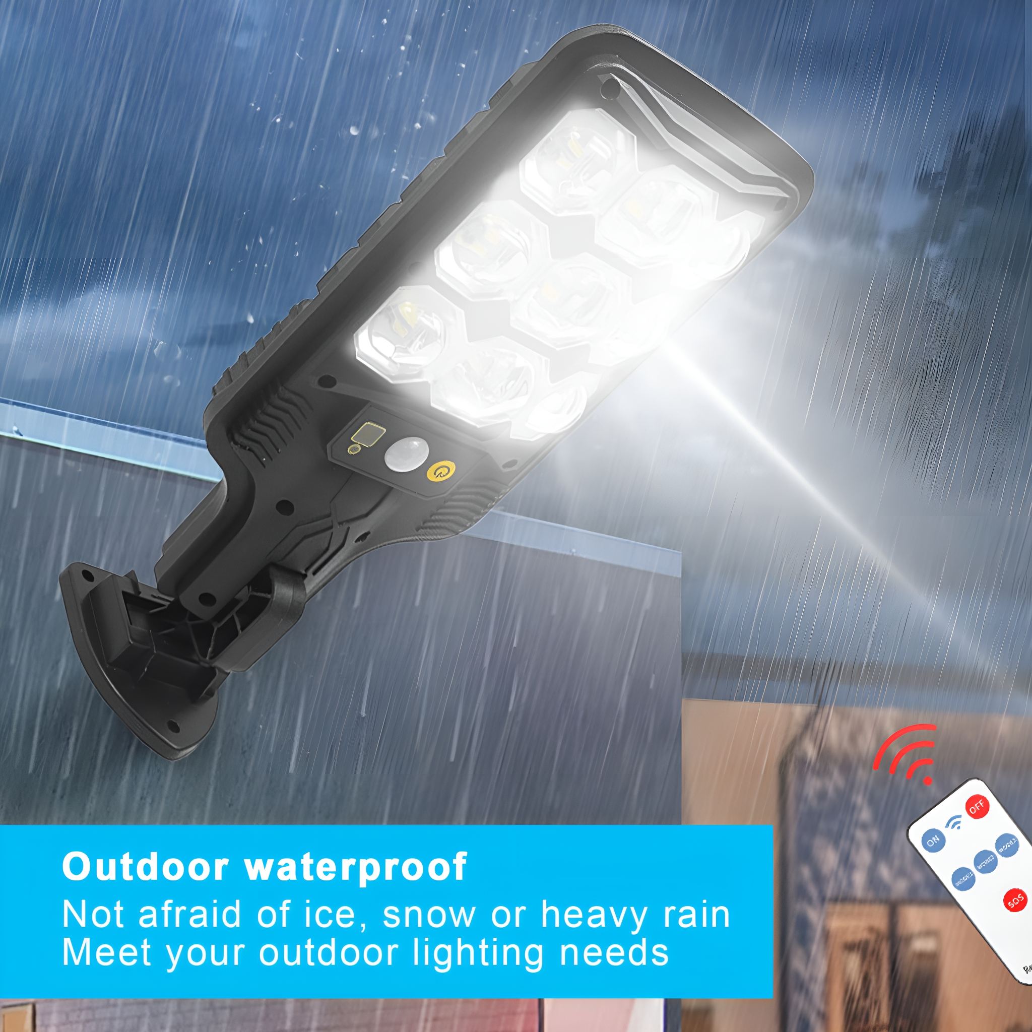 Eine wasserdichte Außenleuchte an einer Wand. Sie hat ein helles LED-Licht und eine Fernbedienung.