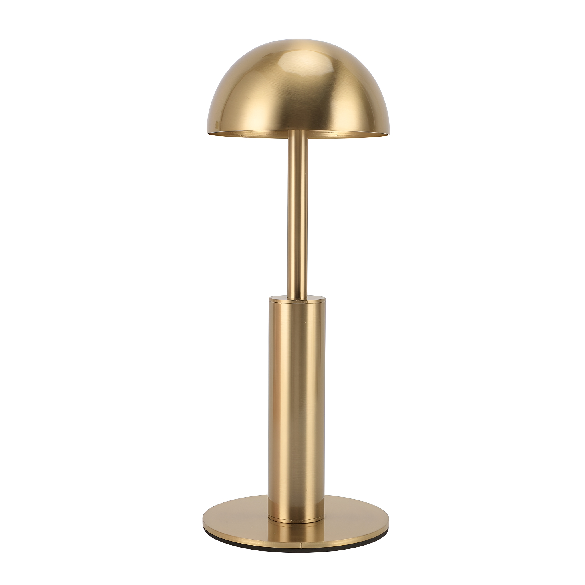 Goldfarbene, moderne Tischlampe mit rundem Schirm und zylindrischem Fuß.