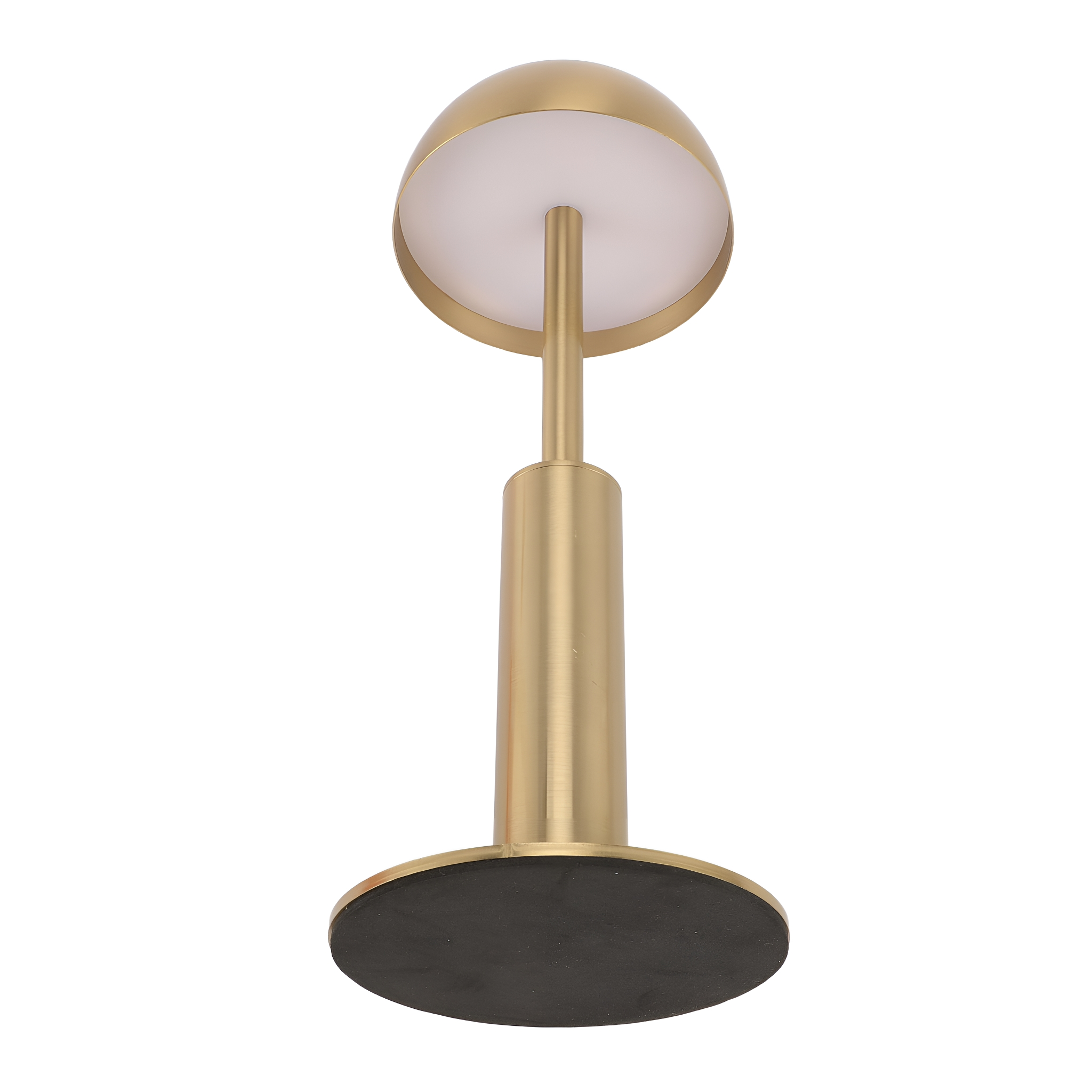 Eine goldene Nachttischlampe mit rundem Sockel und weißem Oberteil.