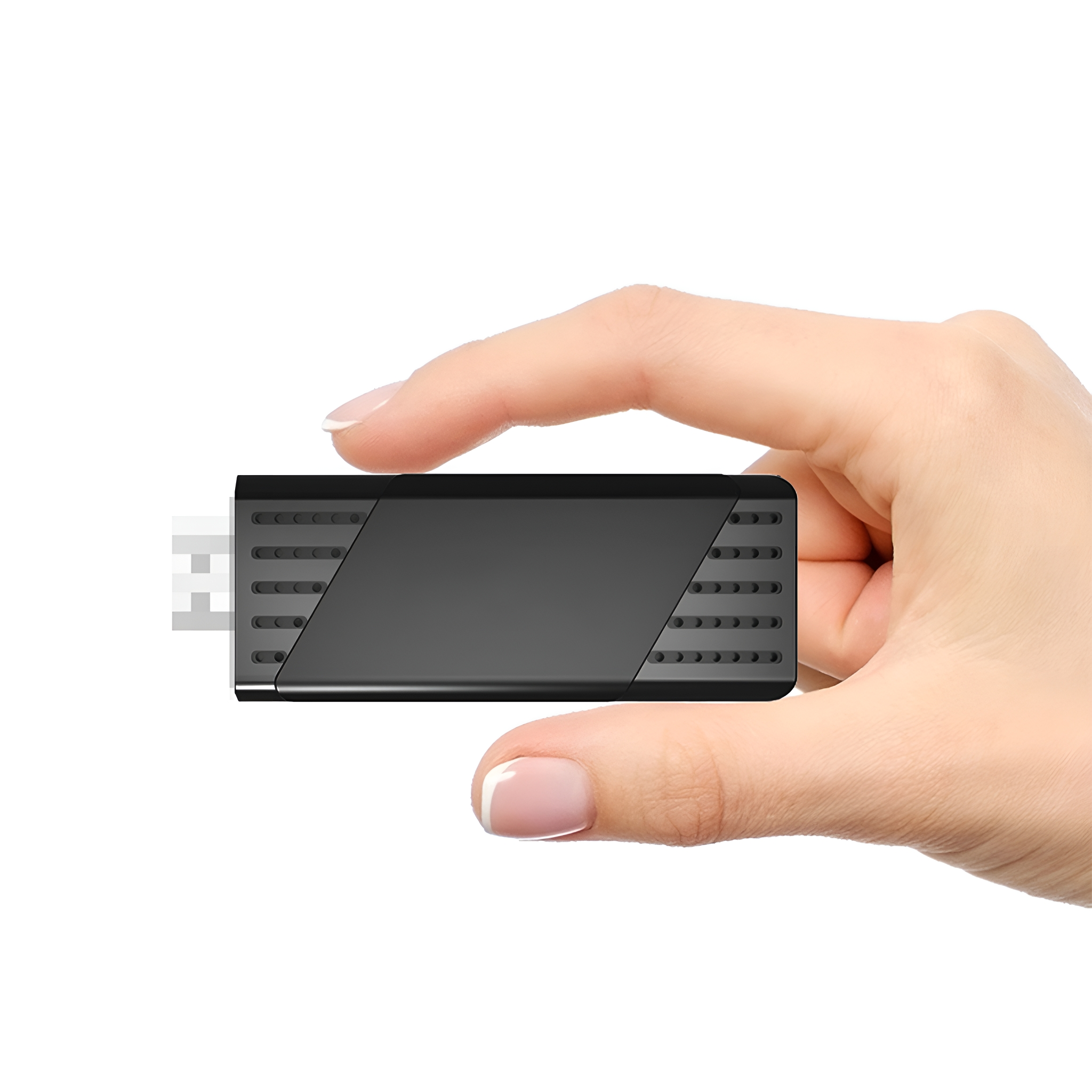 Eine Hand, die einen schwarzen USB-Stick hält. Der USB-Stick ist rechteckig und hat an einem Ende einen USB-Anschluss.