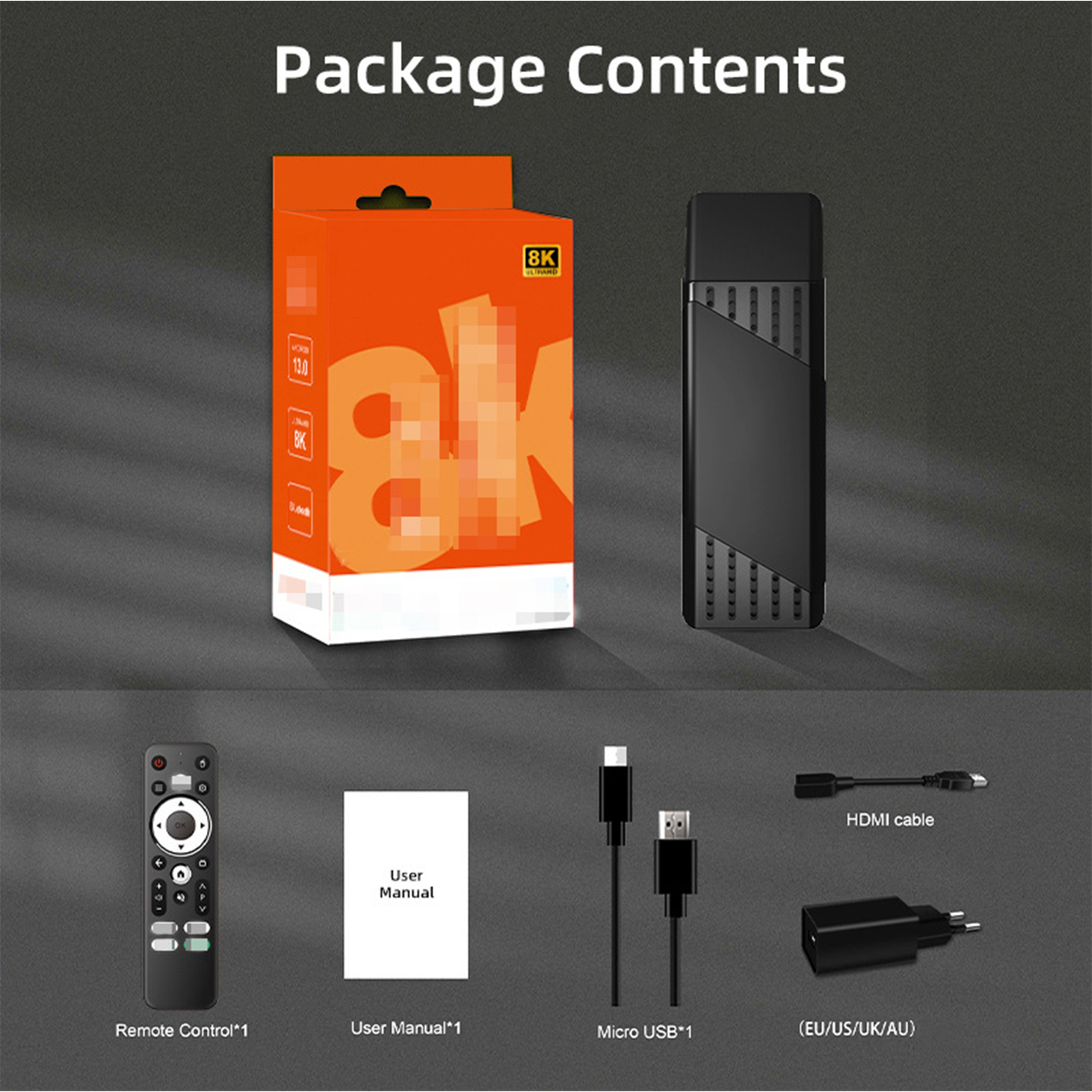 Box mit Produktinhalten. Artikel umfassen Fernbedienung, Benutzerhandbuch, USB-Kabel und Netzteil.