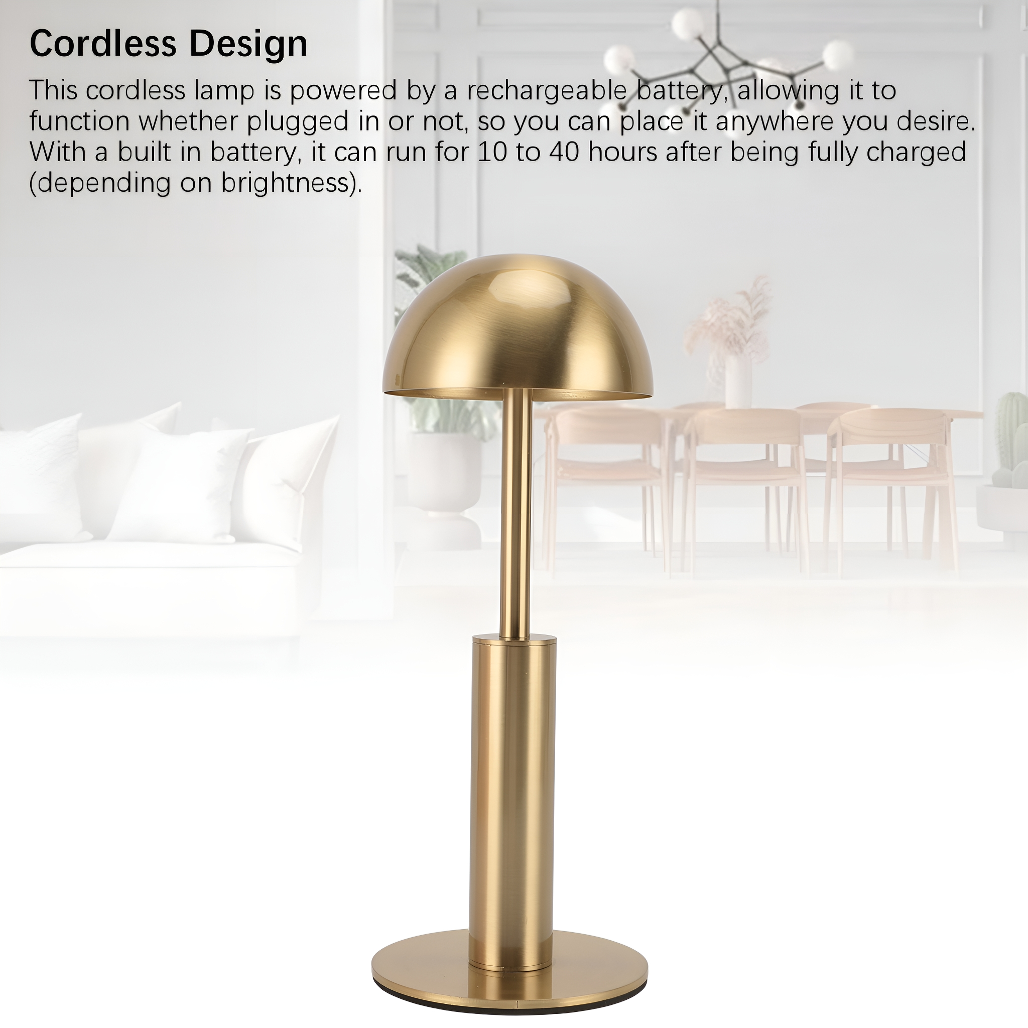 Goldfarbene Lampe mit Halbkugelschirm, Text über das Design.