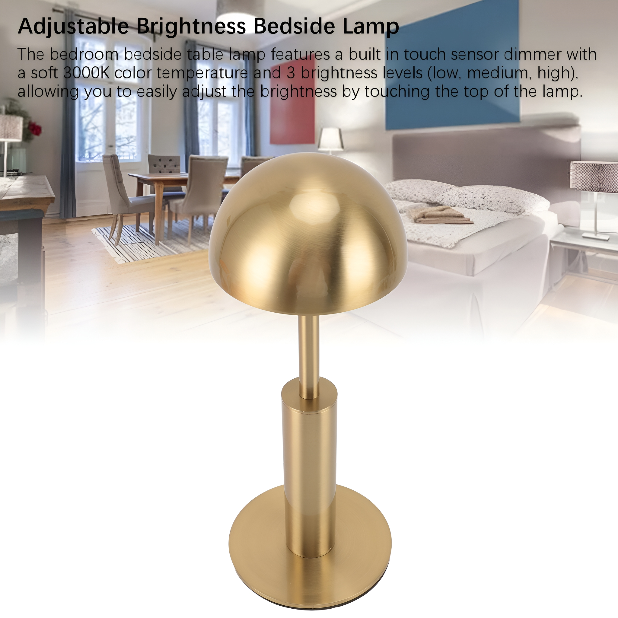 Goldene Nachttischlampe mit rundem Oberteil und zylindrischem Sockel. Text beschreibt Helligkeitsstufen und Sensor.