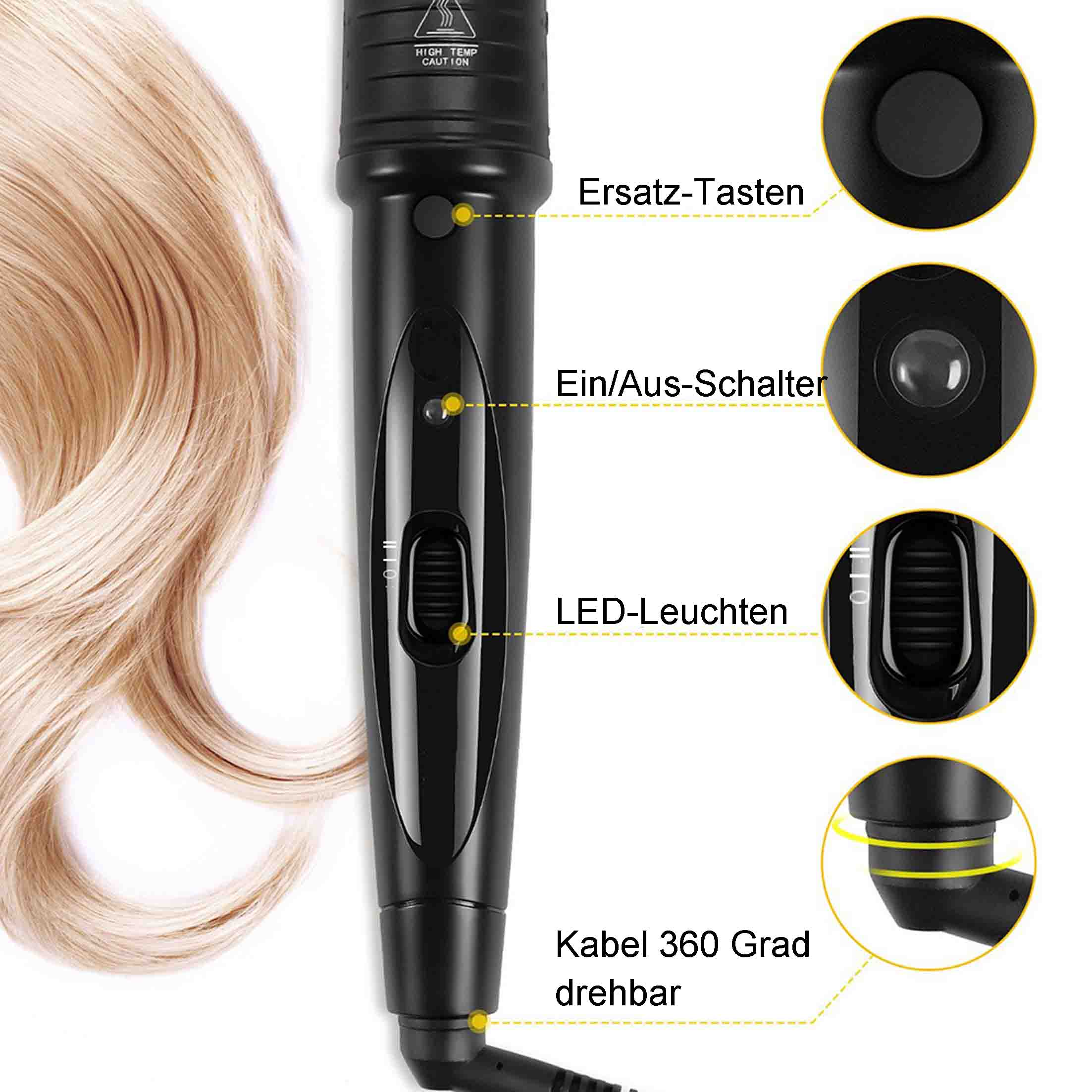 Ein schwarzer Lockenstab. Markierte Abschnitte für Einstellungen und Bedienelemente. Blondes Haar.