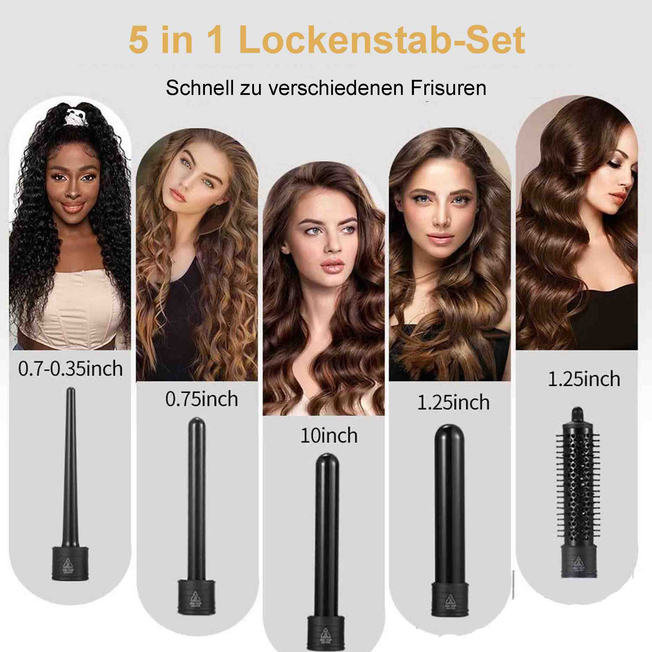 Set von Lockenstäben und Frauen mit verschiedenen Frisuren, mit Text über Größen.