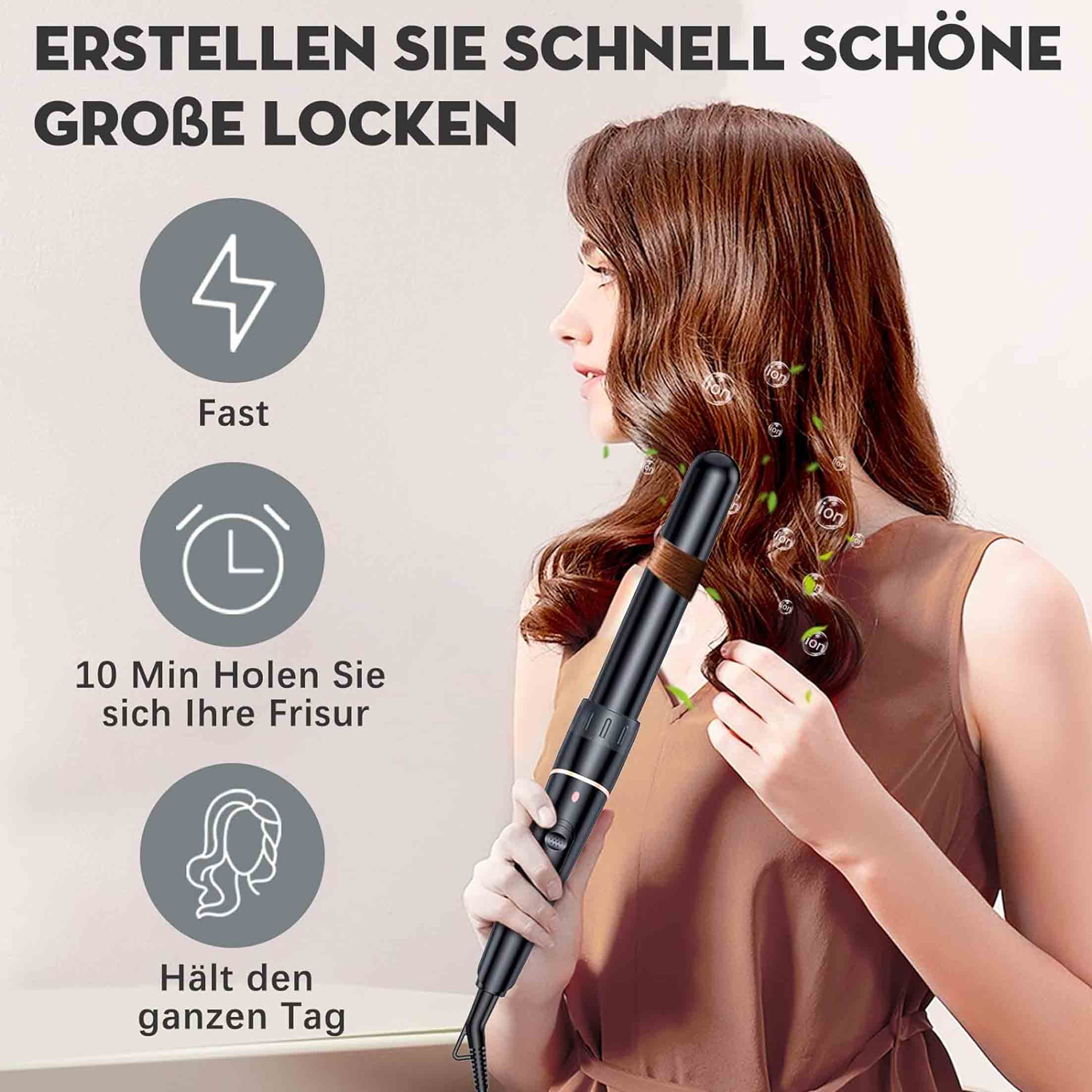Eine Frau hält einen Lockenstab. Symbole zeigen schnelles Styling, 10-Minuten-Styling und ganztägigen Halt.