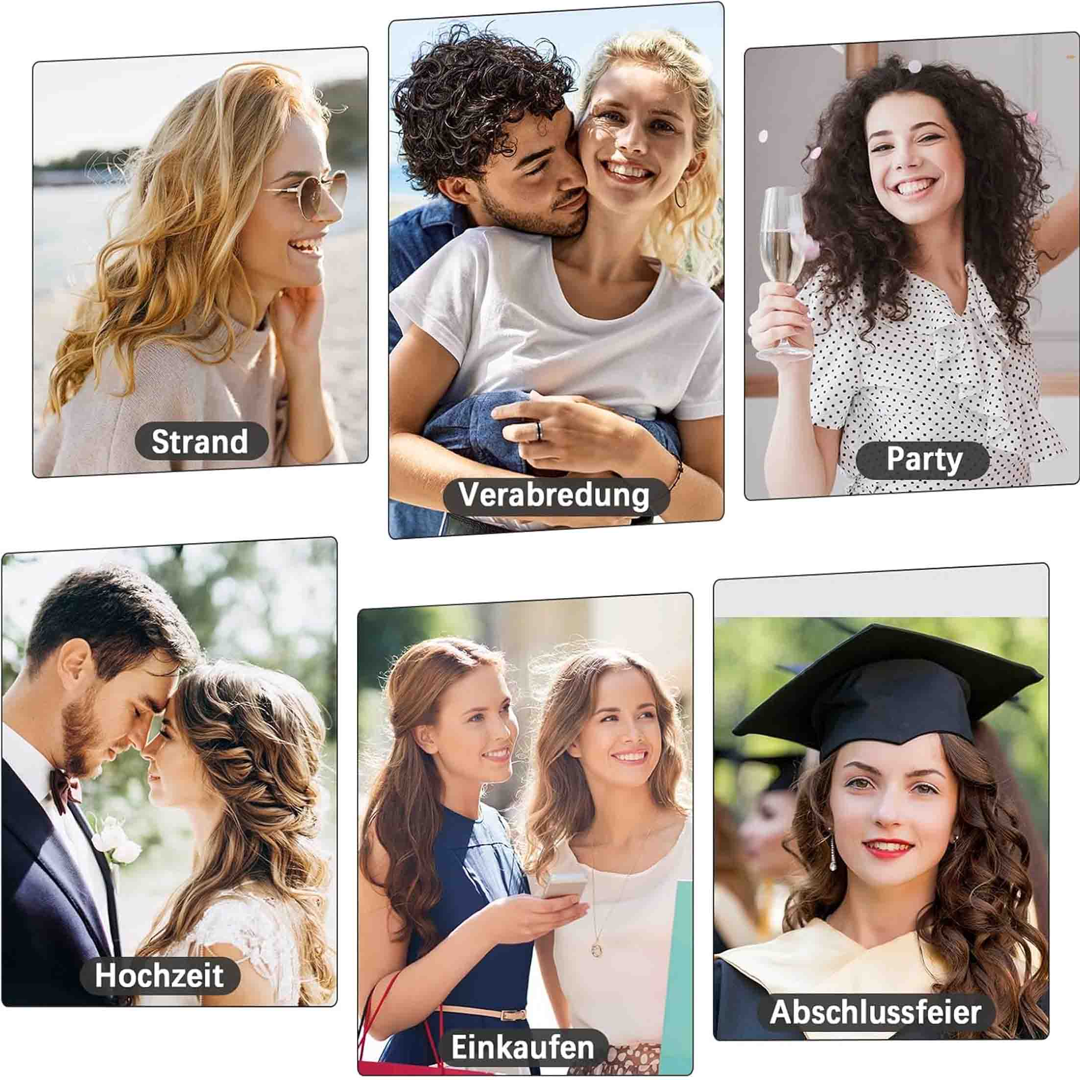 Sechs Fotos: ein Paar, eine Party, eine Hochzeit, Einkaufen, eine Abschlussfeier und Strand.