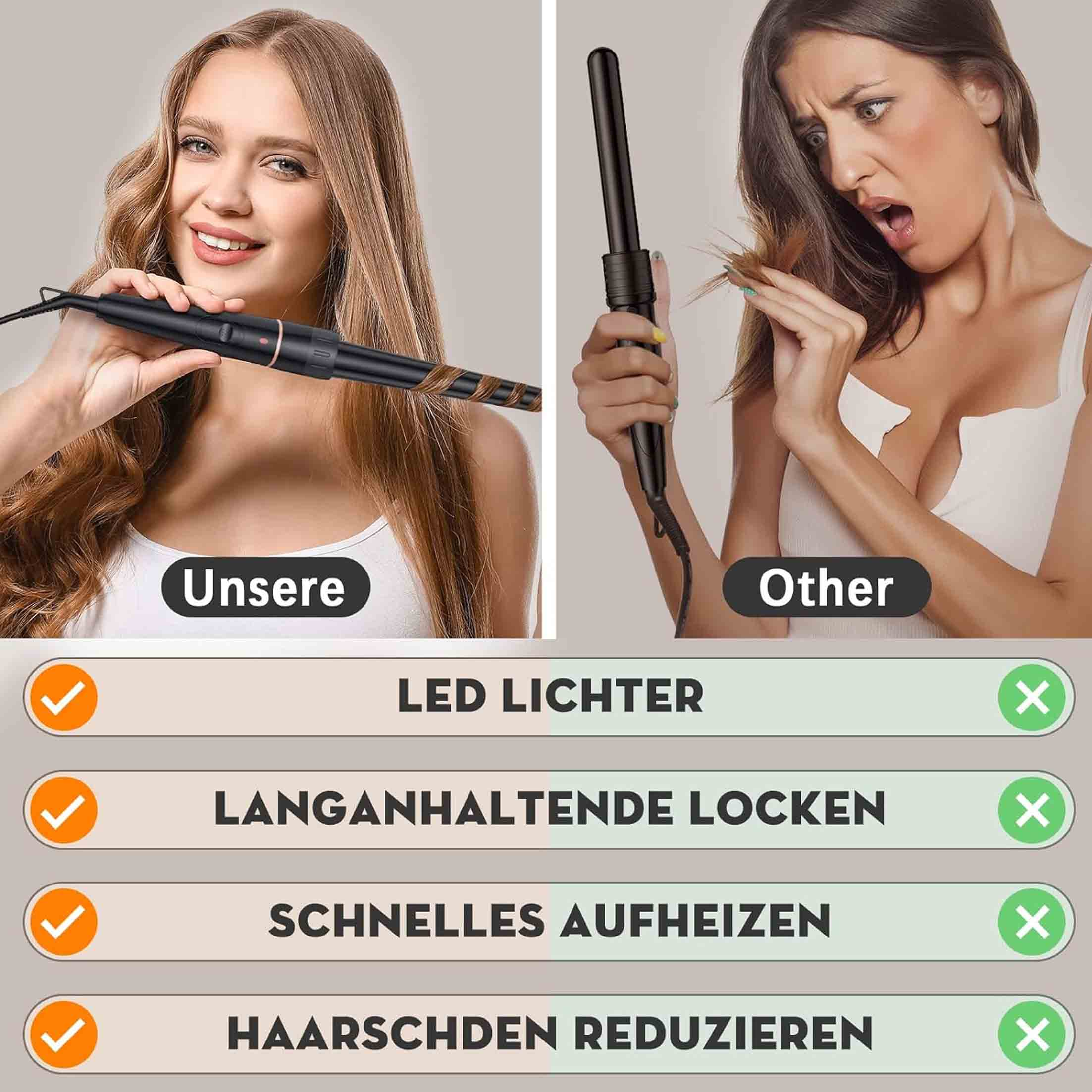 Bild vergleicht zwei Lockenstäbe und hebt LED-Leuchten, langanhaltende Locken, schnelles Aufheizen und die Reduzierung von Haarschäden hervor.