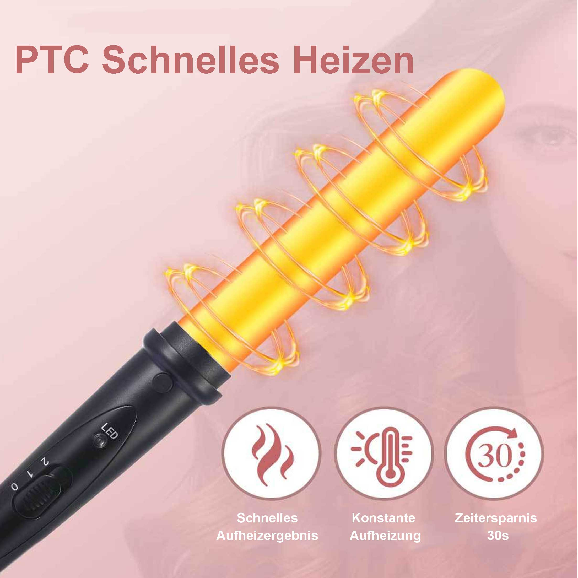 Ein schwarzer Lockenstab mit orangefarbenen Hitzewellen darum.