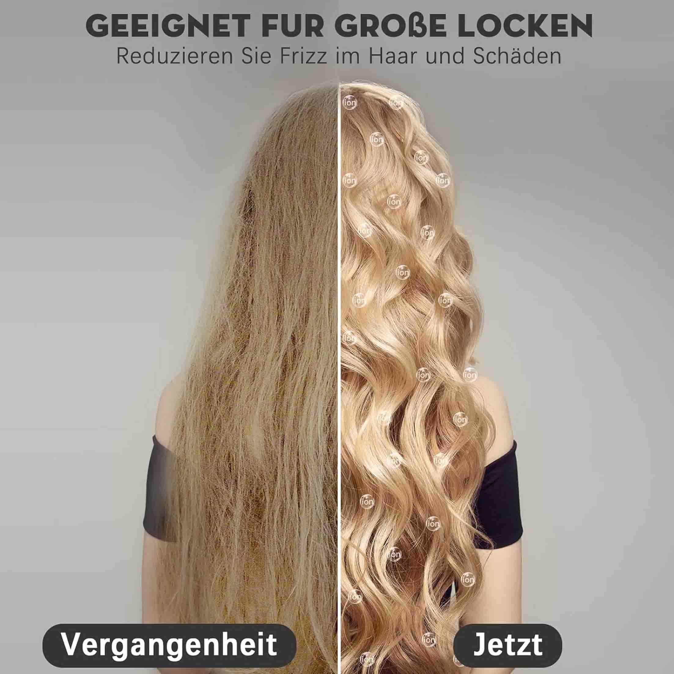Vorher-Nachher-Haarvergleich. Die linke Seite zeigt krauses Haar, die rechte Seite lockiges Haar.