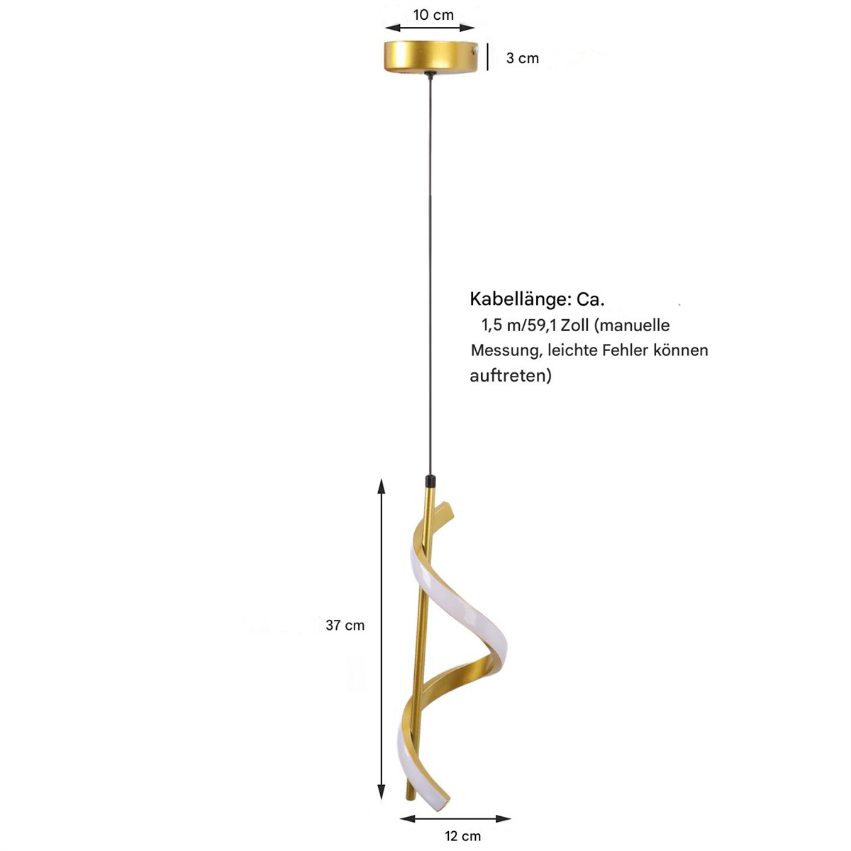 Eine goldene Spiral-Pendelleuchte mit Abmessungen in Zentimetern beschriftet.