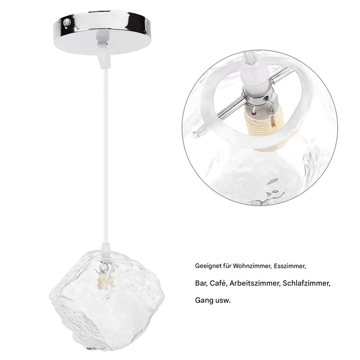 Eine klare Glas-Pendelleuchte mit weißem Kabel und weißem Hintergrund.